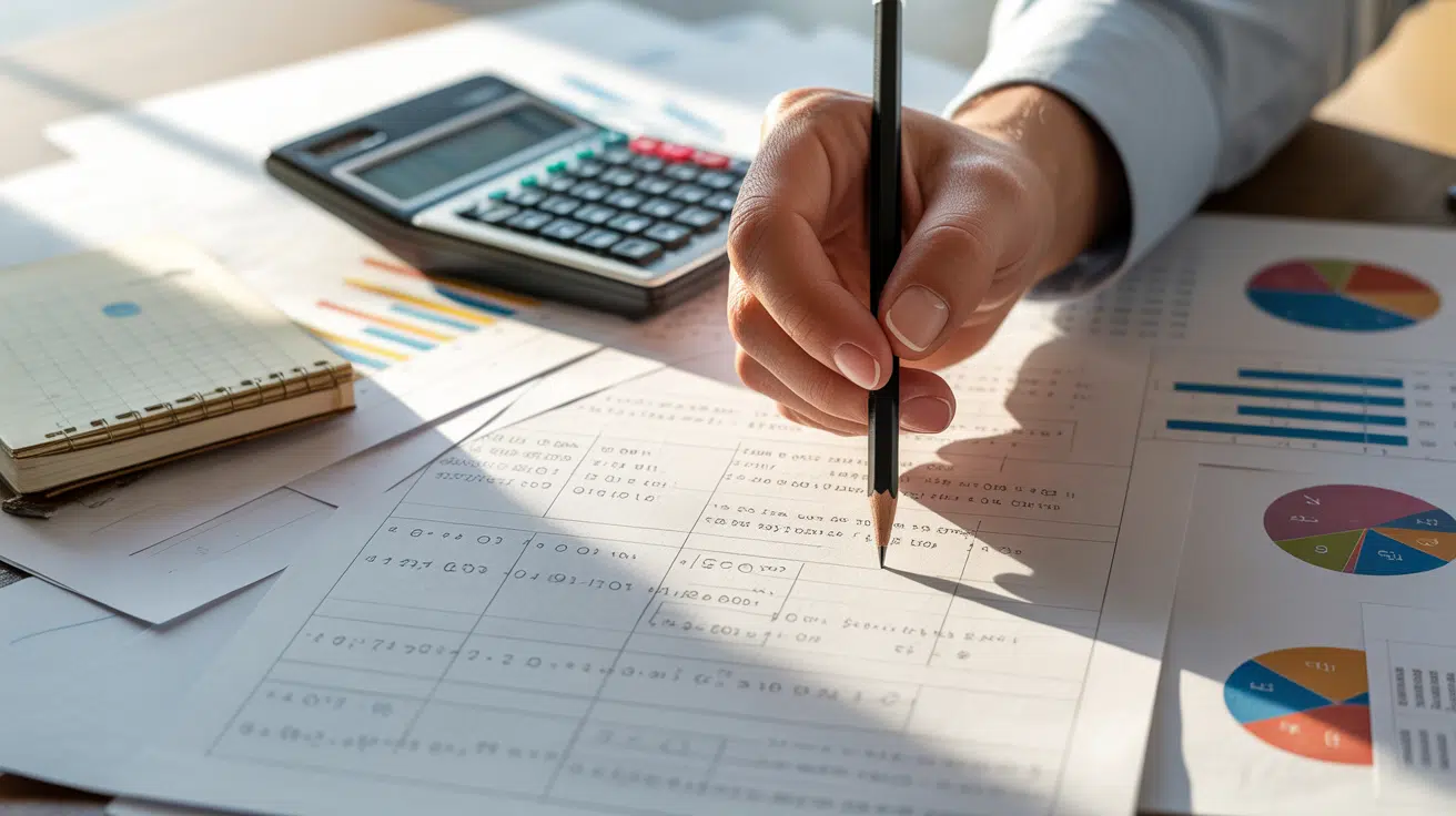 A hand holding a pencil over financial documents featuring tables and colorful charts, with a calculator and notebook nearby
