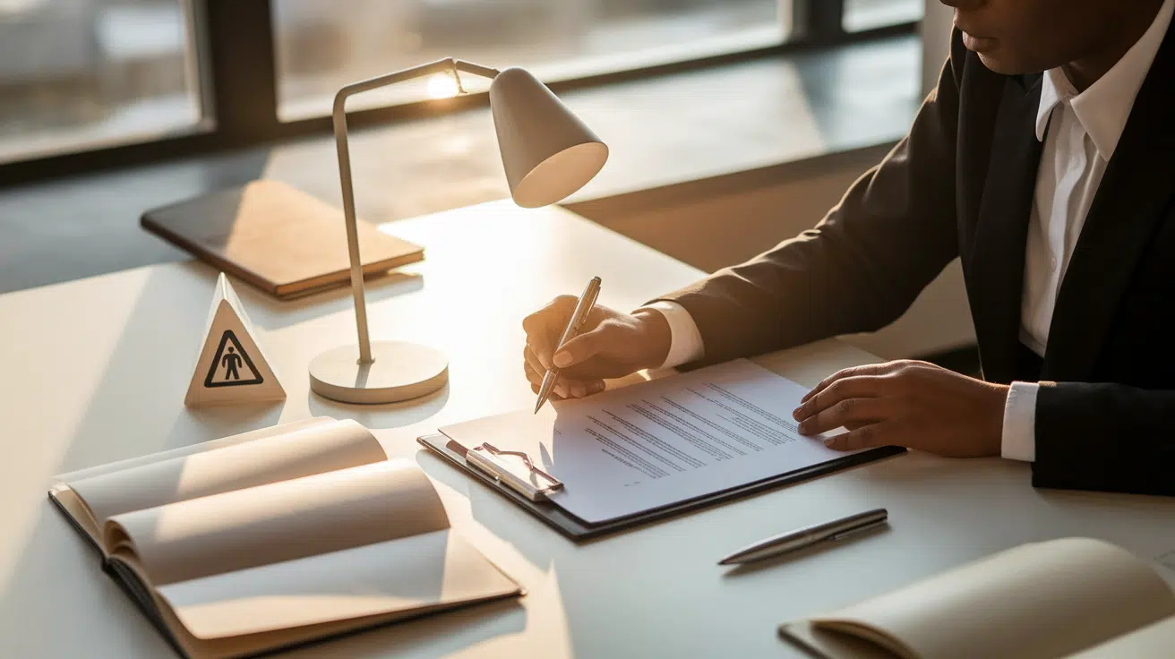 A professional in a suit signing a document on a clipboard at a sunlit desk next to an open book and a small sign