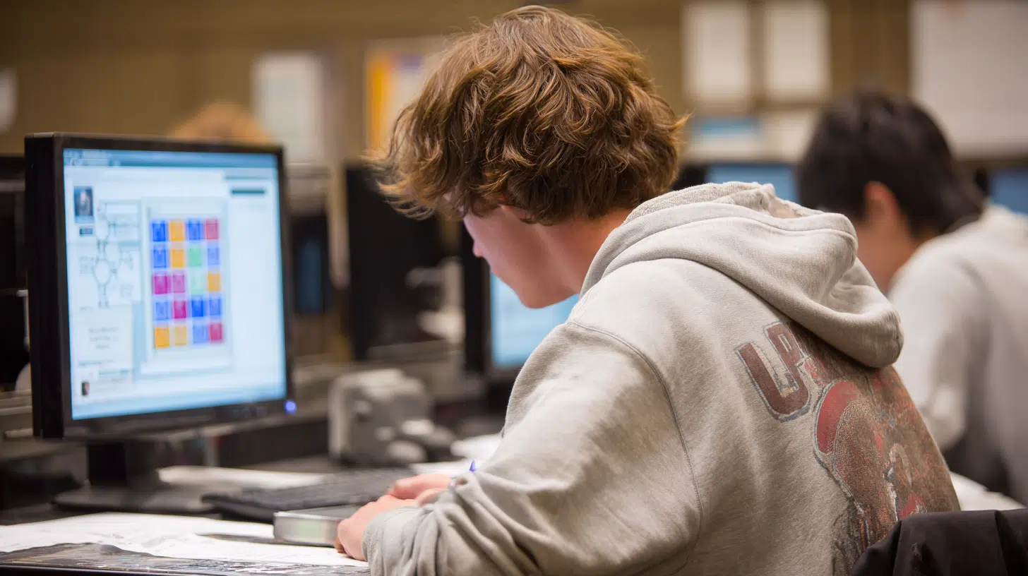 A student with curly brown hair wearing a gray university hoodie works on a computer with a colorful grid displaying the periodic table