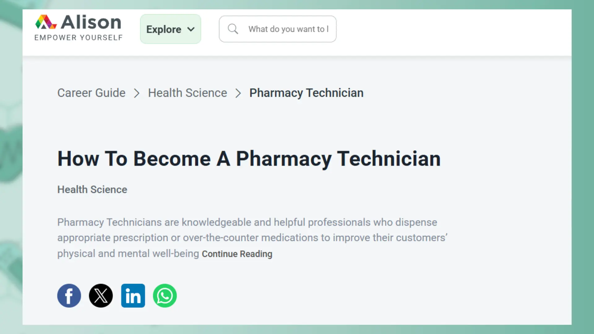 alison career guide page: how to become a pharmacy technician, health science category