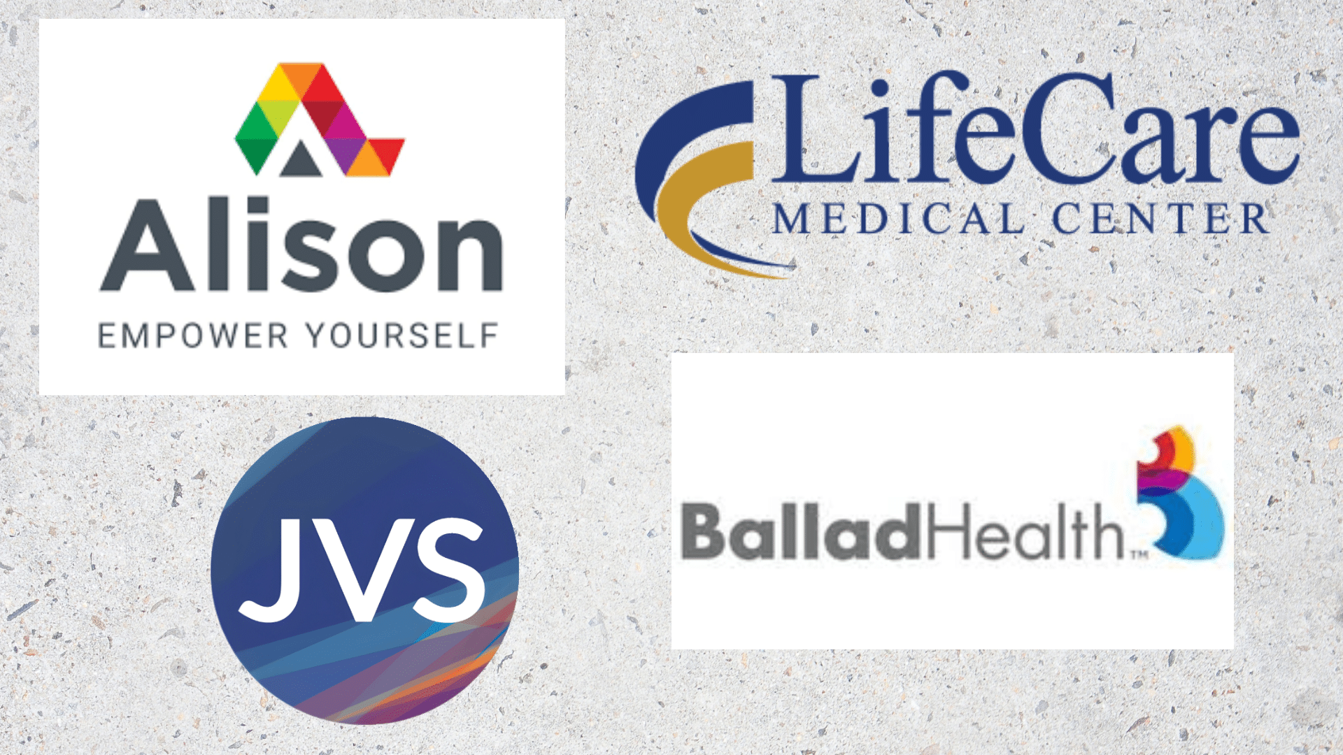 Logos for Alison, LifeCare Medical Center, JVS, and Ballad Health displayed against a light gray, textured background