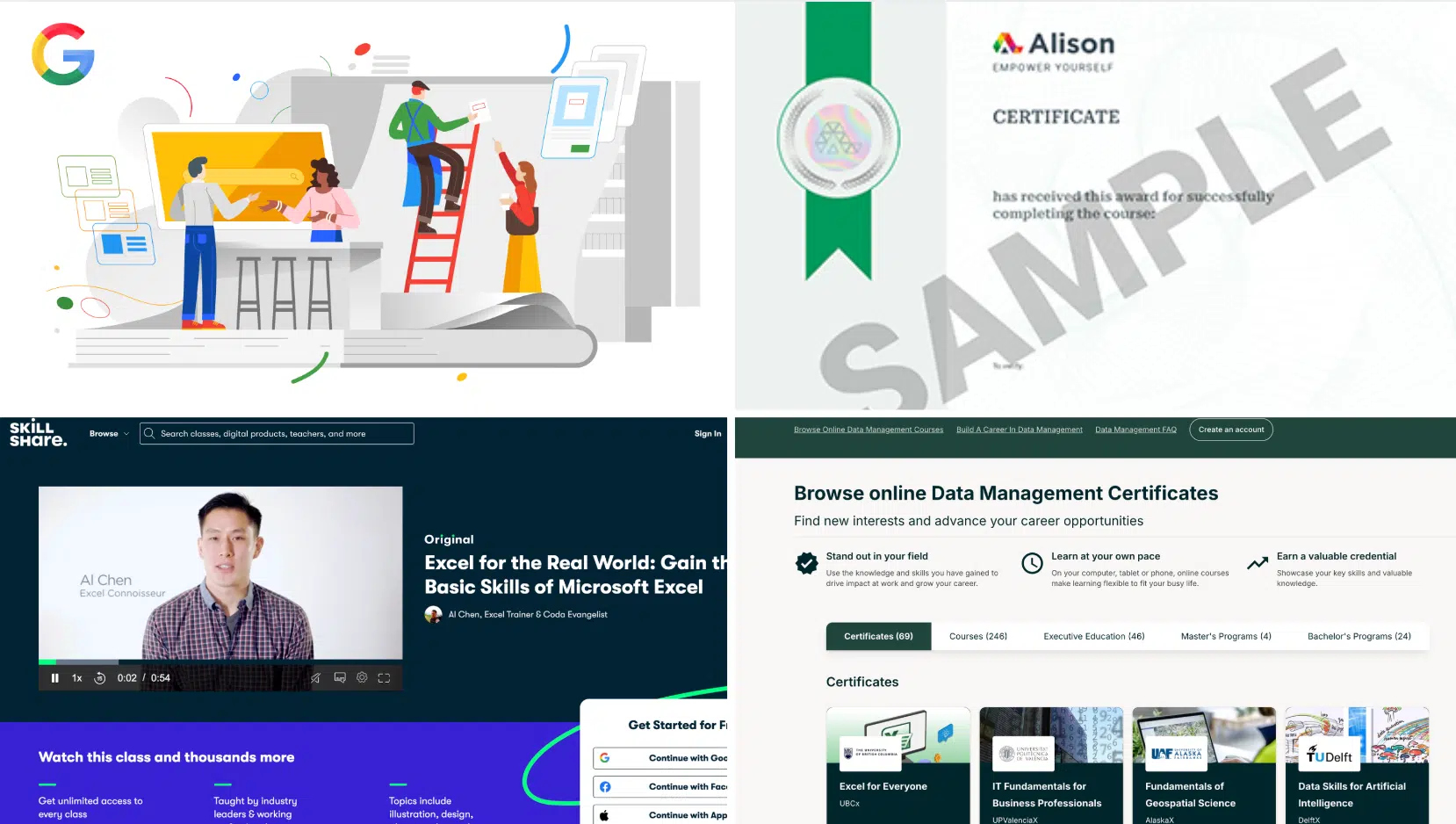 Online learning platforms including Google graphics, a Skillshare course preview, an Alison certificate sample, and a data management course selection page