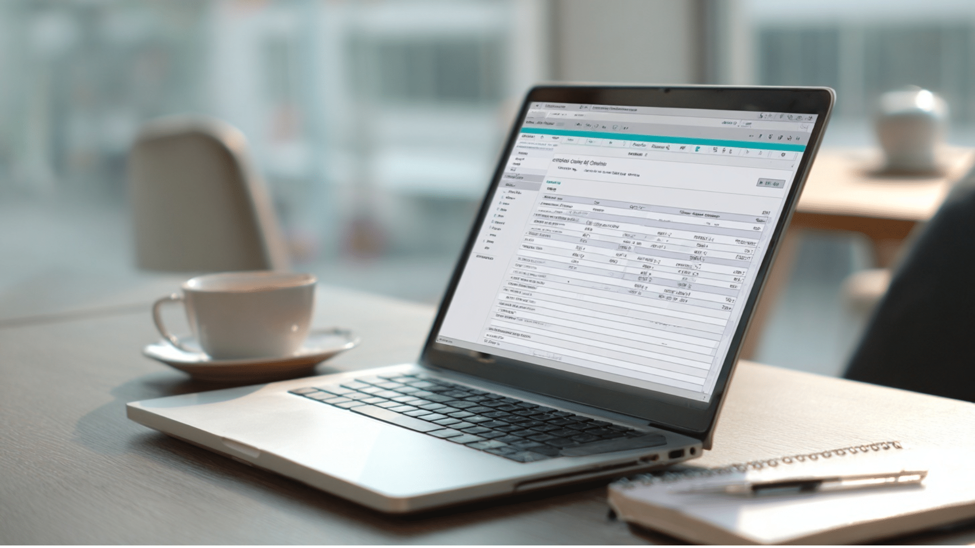 Silver laptop displaying a spreadsheet interface sits on a wooden desk next to a white coffee cup and a spiral notebook