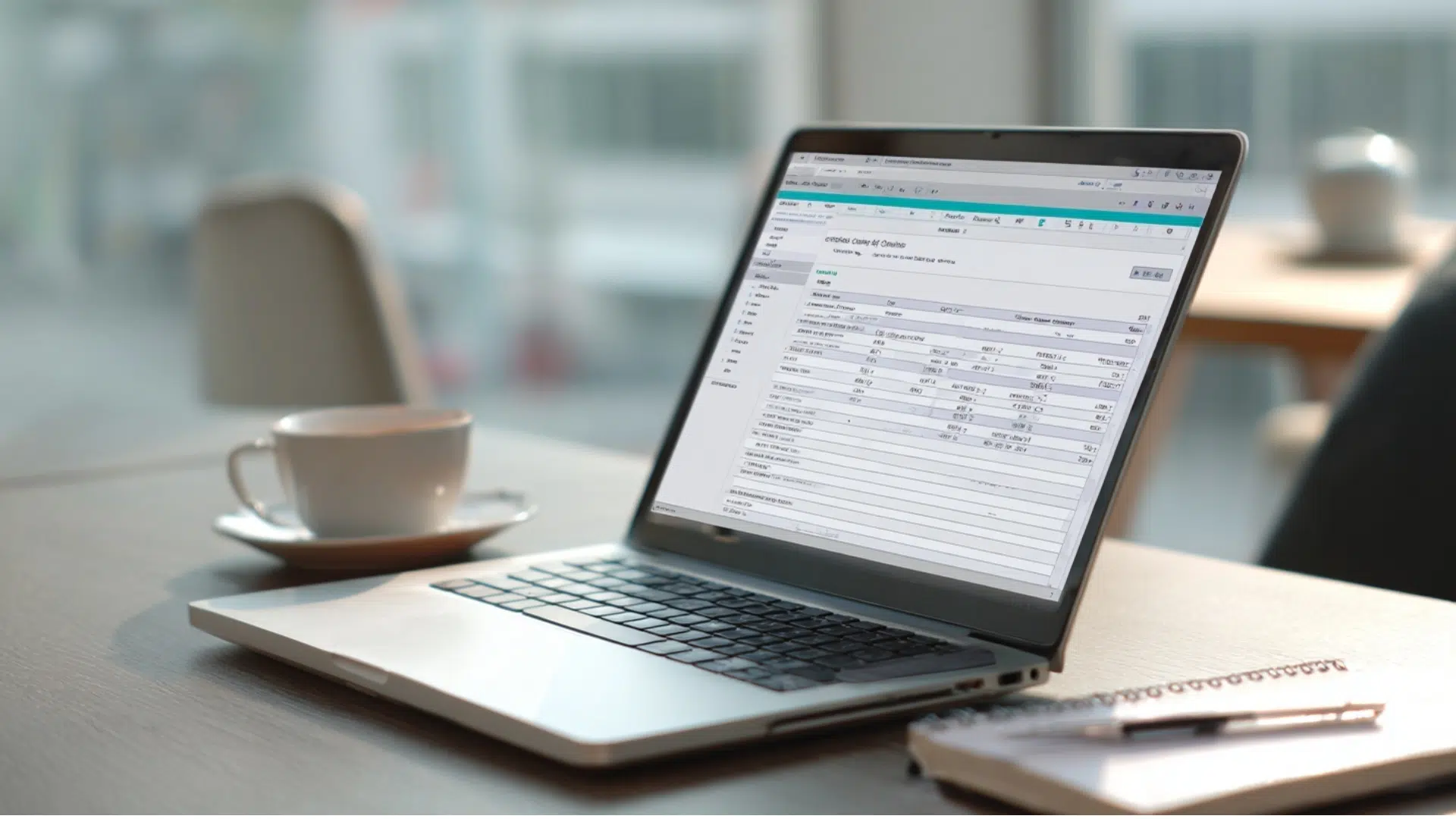 Silver laptop displaying a spreadsheet interface sits on a wooden desk next to a white coffee cup and a spiral notebook