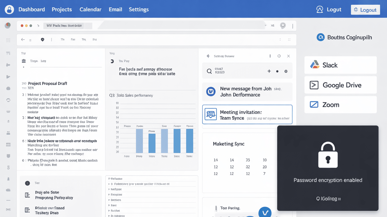 Software dashboard interface displaying project data, charts, notifications, and integrated services like Slack and Google Drive