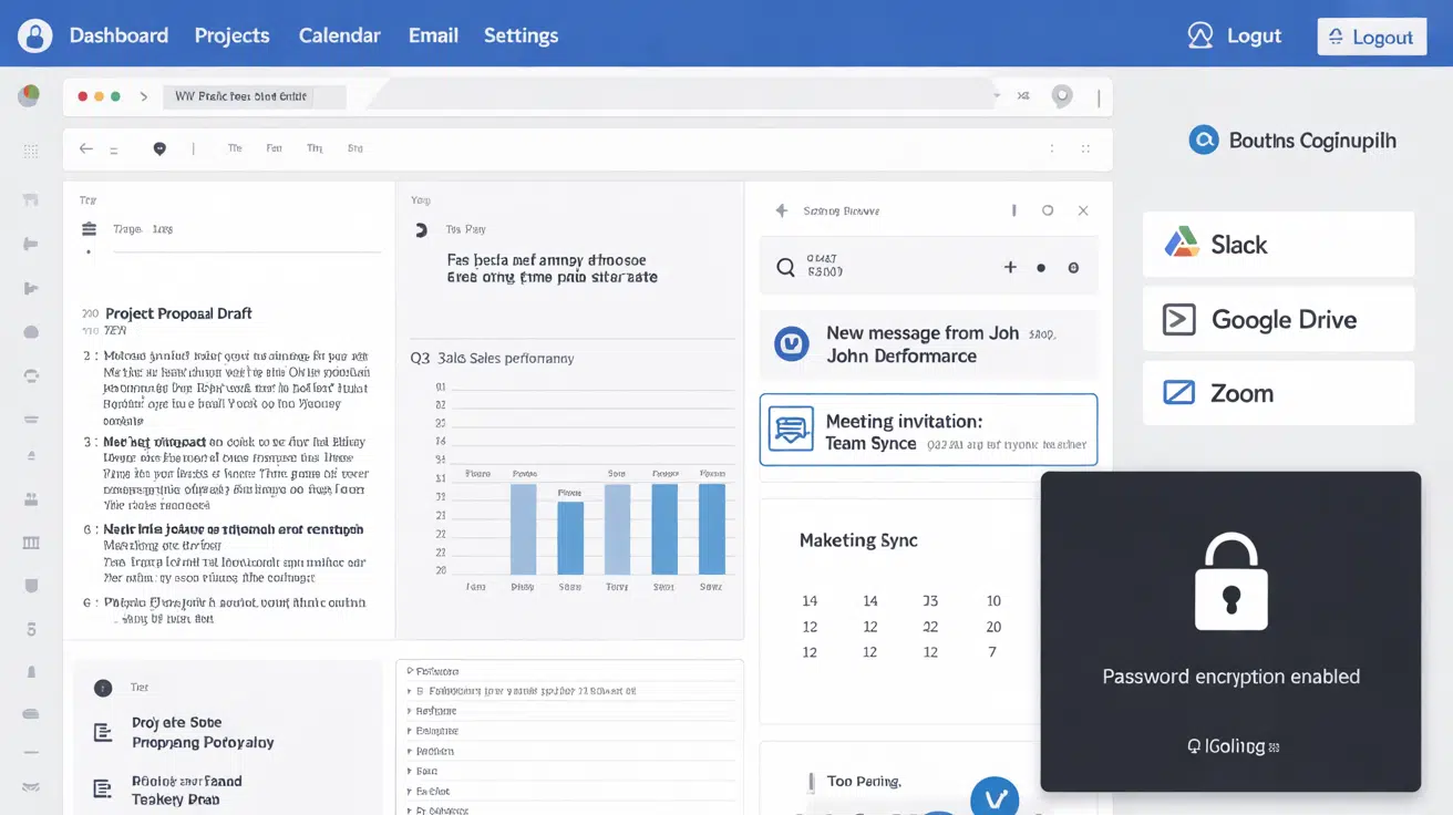 Software dashboard interface displaying project data, charts, notifications, and integrated services like Slack and Google Drive