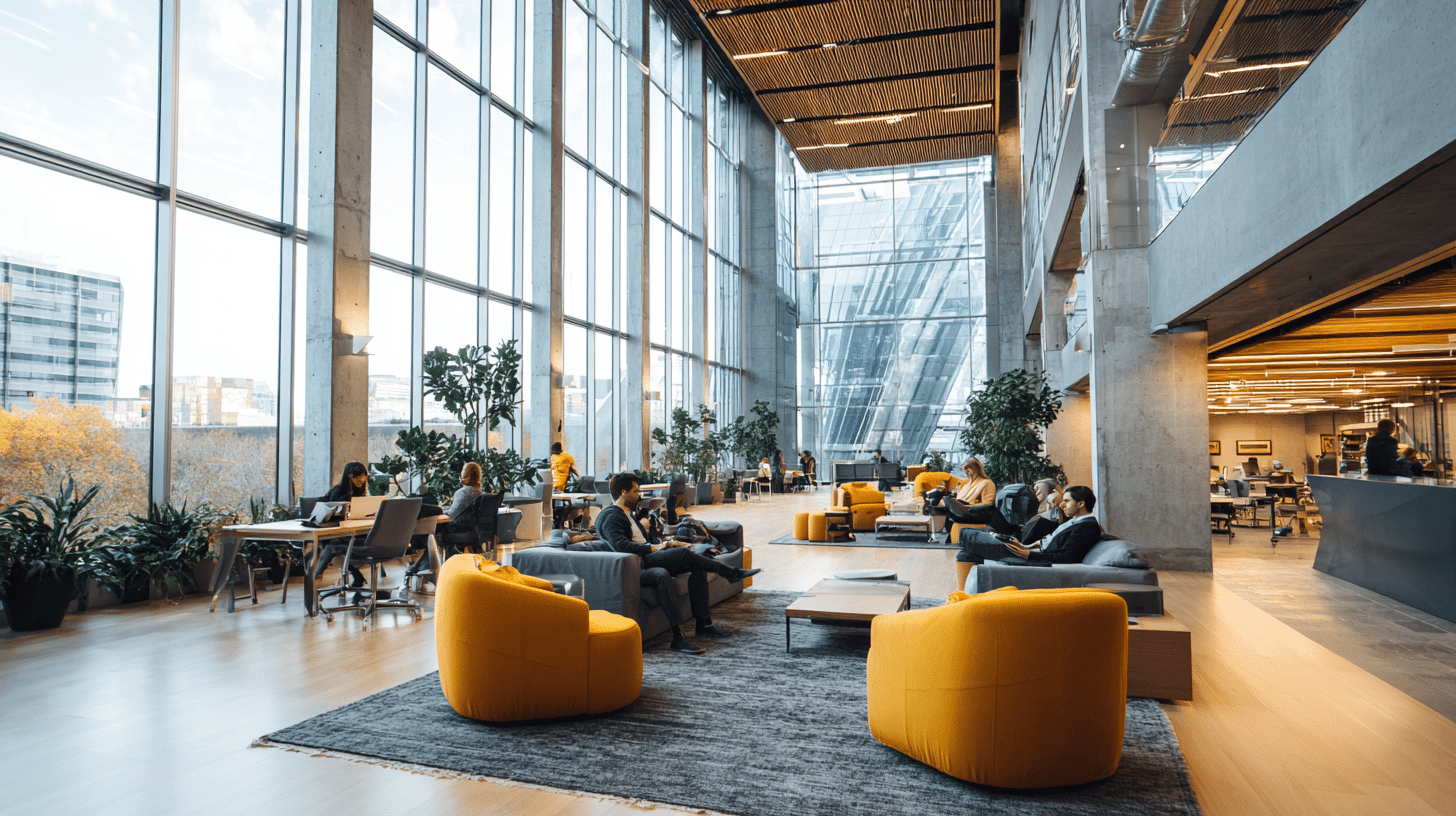 Spacious modern office lobby with high ceilings, floor-to-ceiling windows, concrete pillars, and groups of people working in lounge areas