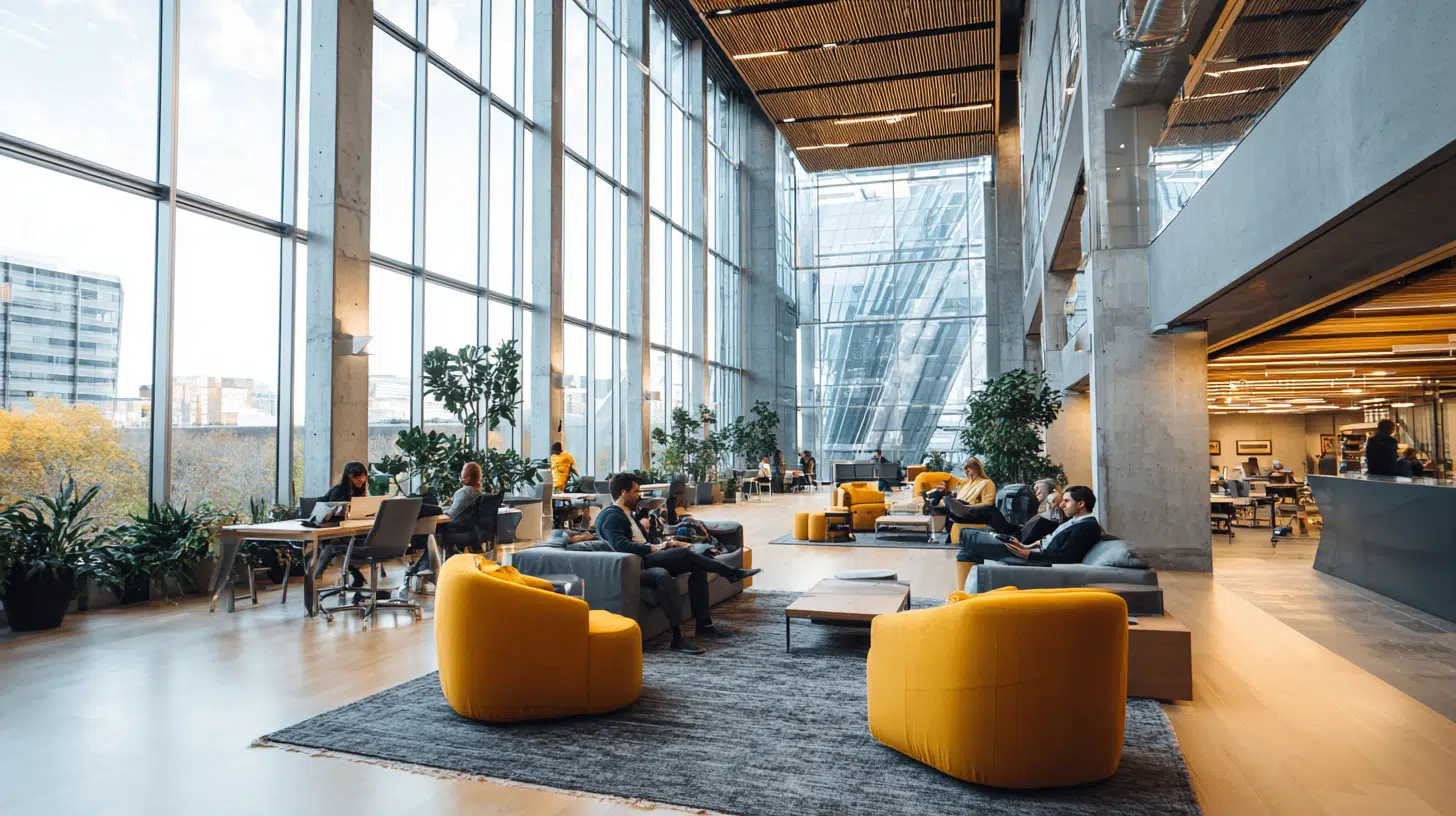 Spacious modern office lobby with high ceilings, floor-to-ceiling windows, concrete pillars, and groups of people working in lounge areas