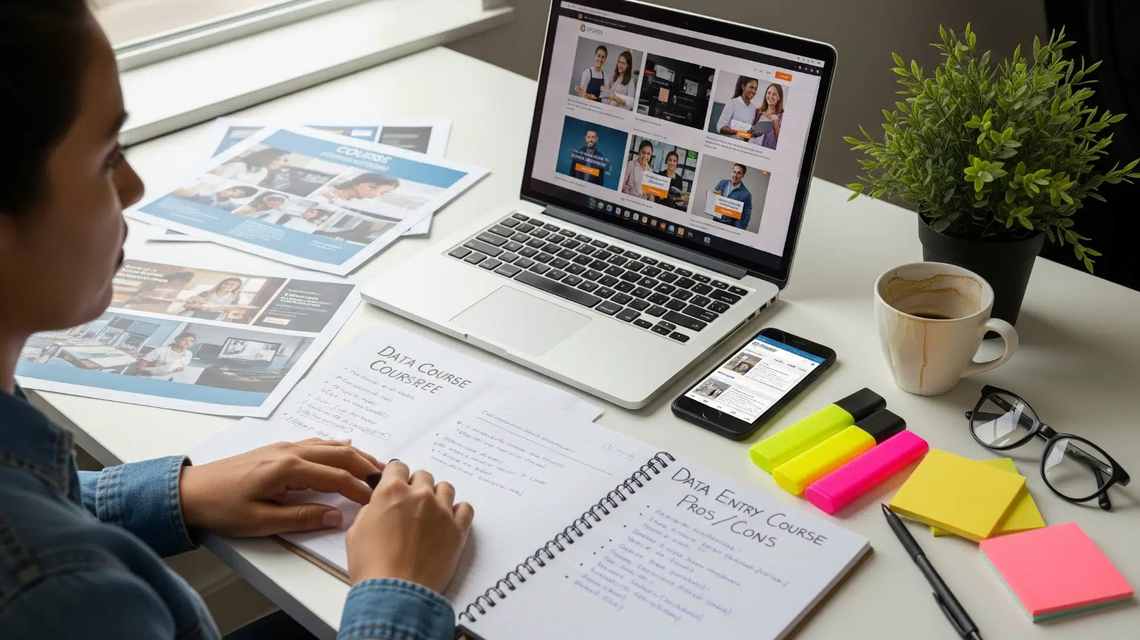 Student taking notes on data courses using a laptop, smartphone, and printed materials on a white desk next to a potted plant and coffee mug