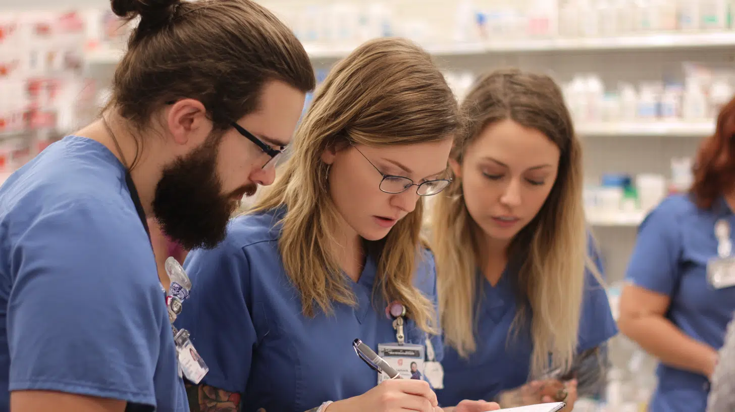 Three pharmacy technicians in blue scrubs collaborate while reviewing documents near blurred shelves of medication bottles
