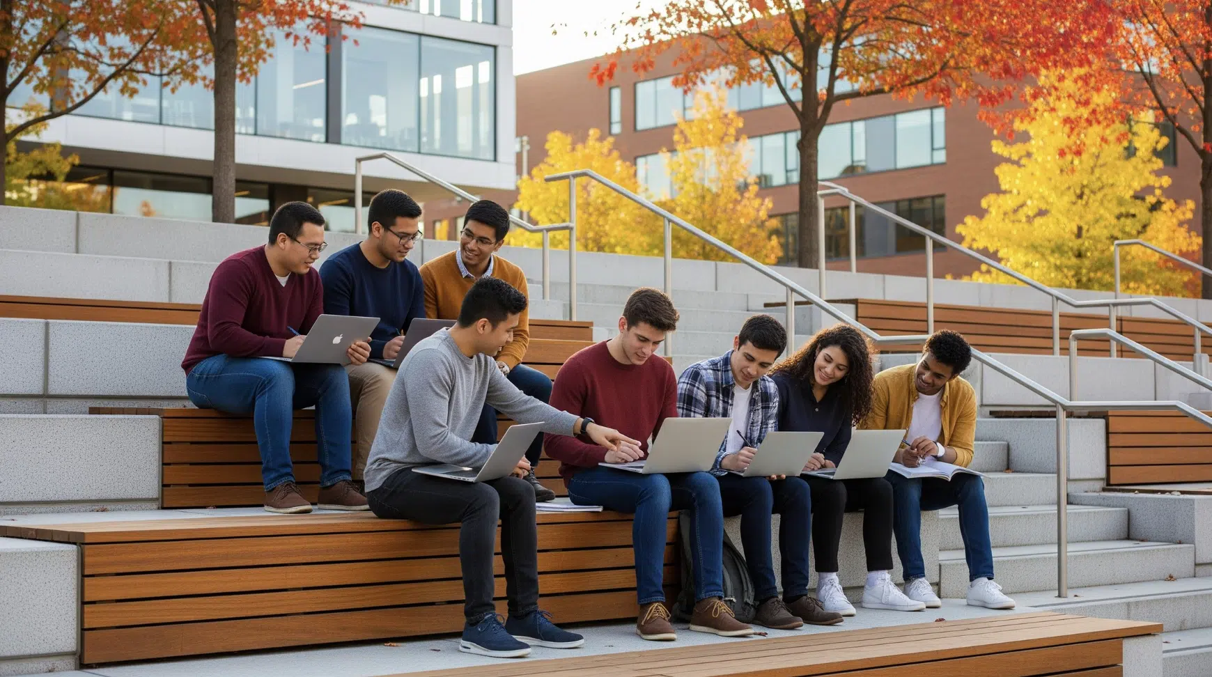 group of college students with laptops studying together on outdoor campus steps in autumn