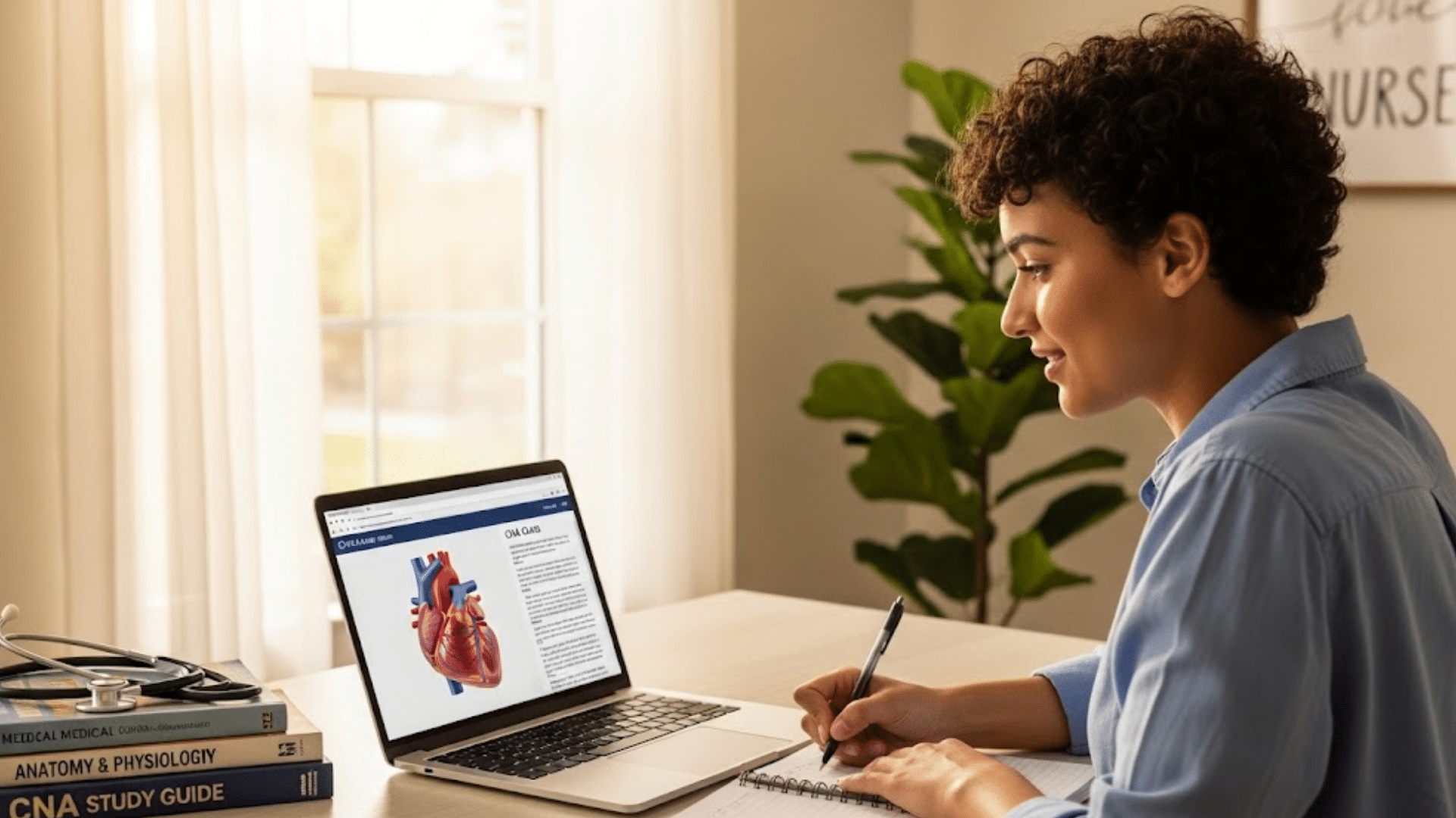 Young woman studying anatomy on a laptop with a 3D heart model, taking notes next to a stack of medical textbooks and a stethoscope