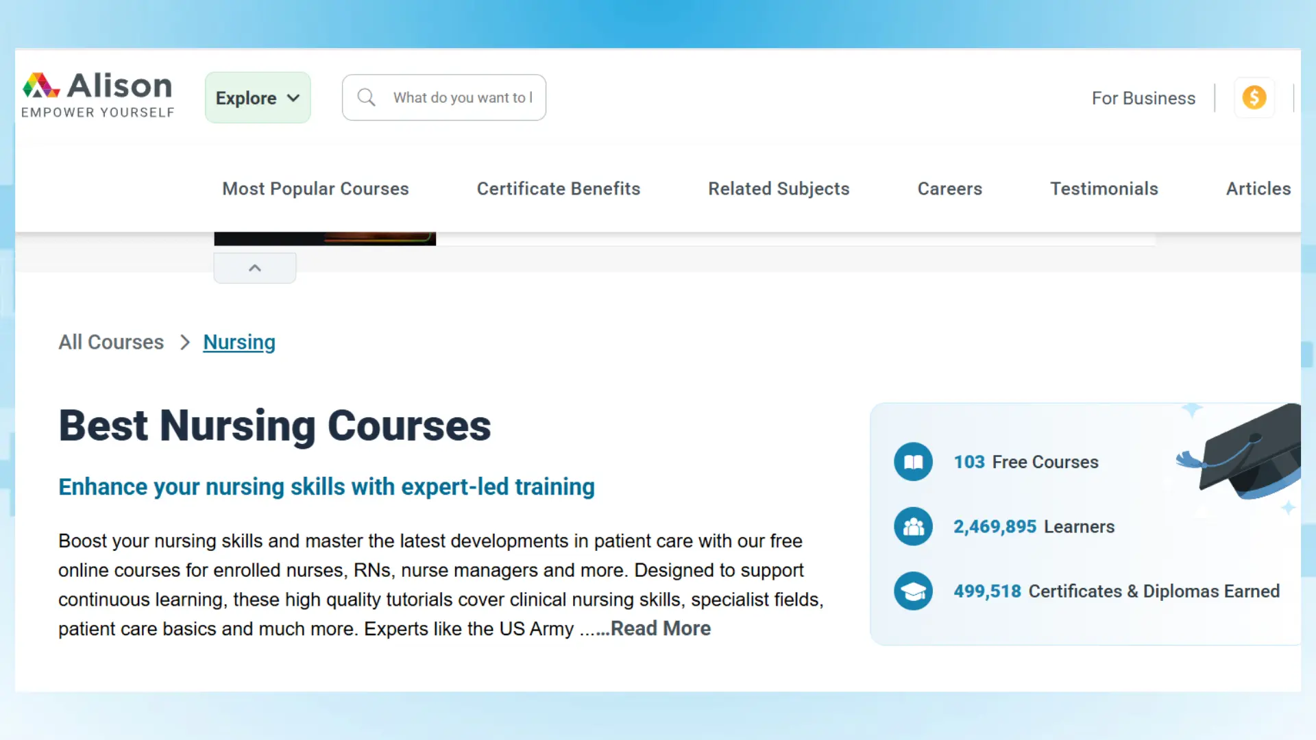 alison webpage displaying "best nursing courses" with stats on free courses, learners, and certificates earned