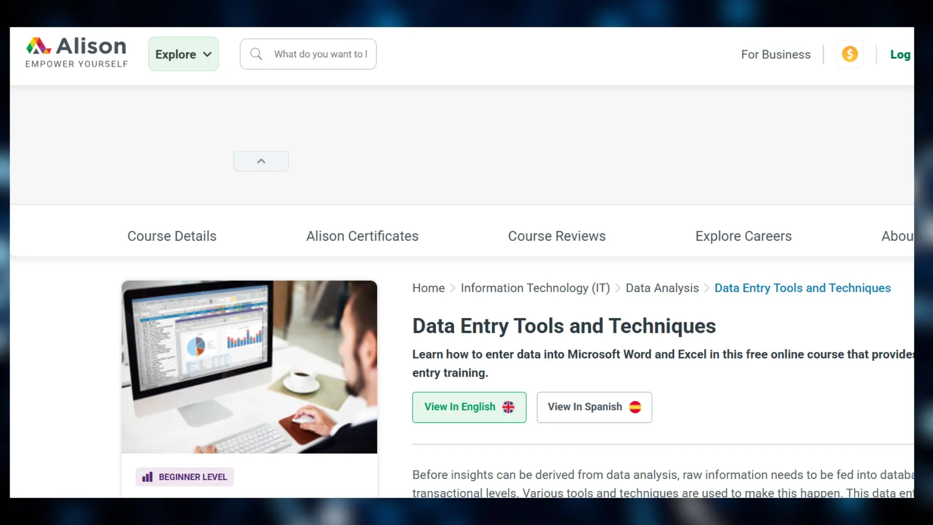 online course page for "data entry tools and techniques" on alison, showing a computer screen with charts