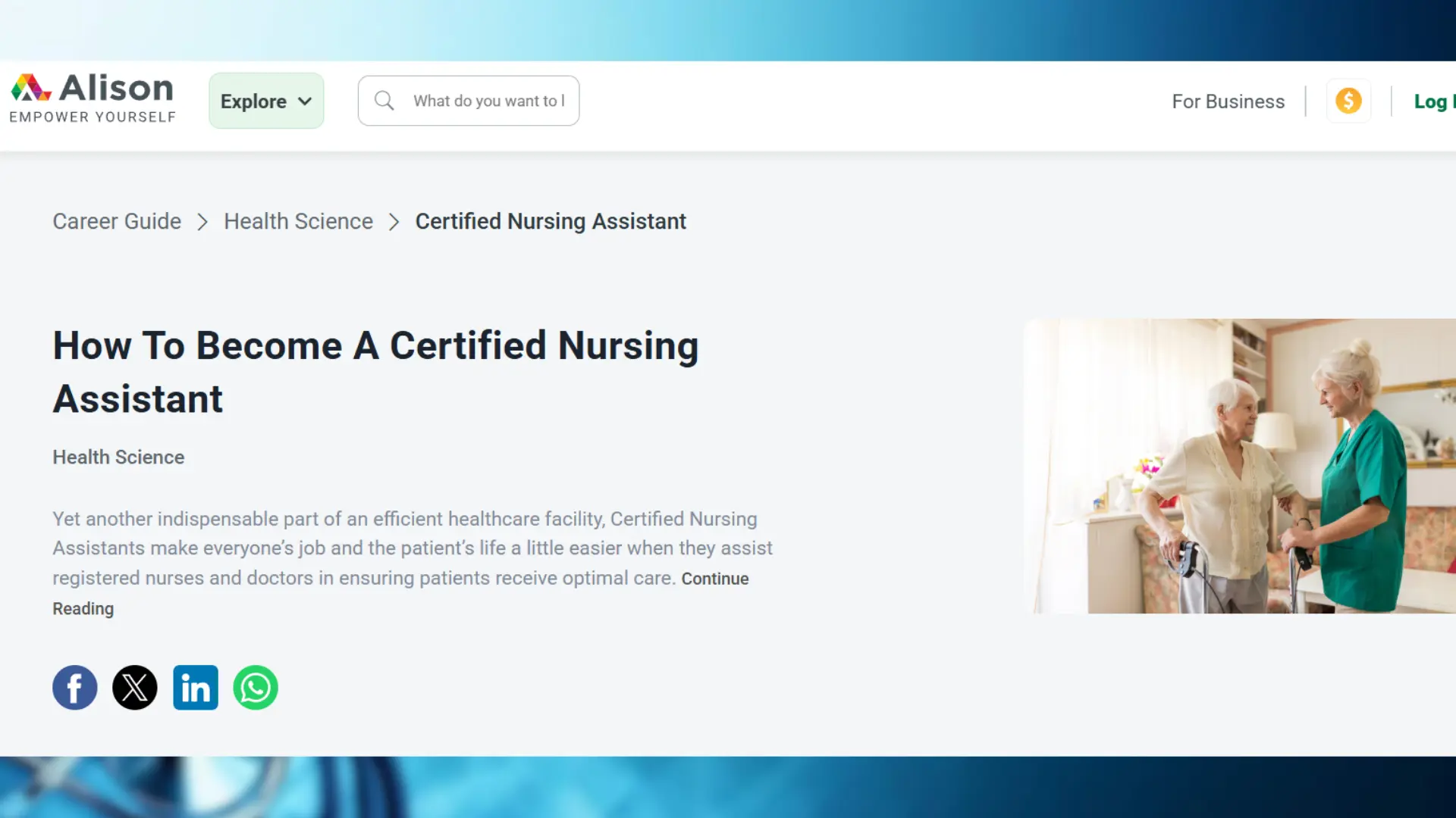 a nurse helps an elderly patient with a walker in a bright room, next to an article about becoming a certified nursing assistant