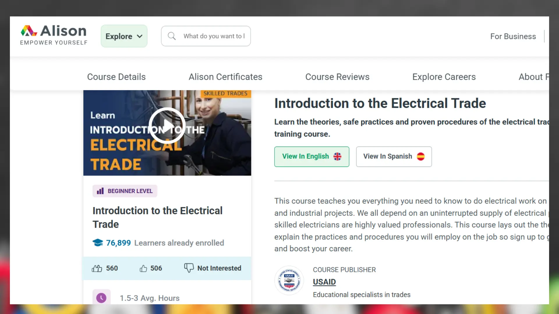 screenshot of an alison online course page for "introduction to the electrical trade" featuring a video thumbnail and course details