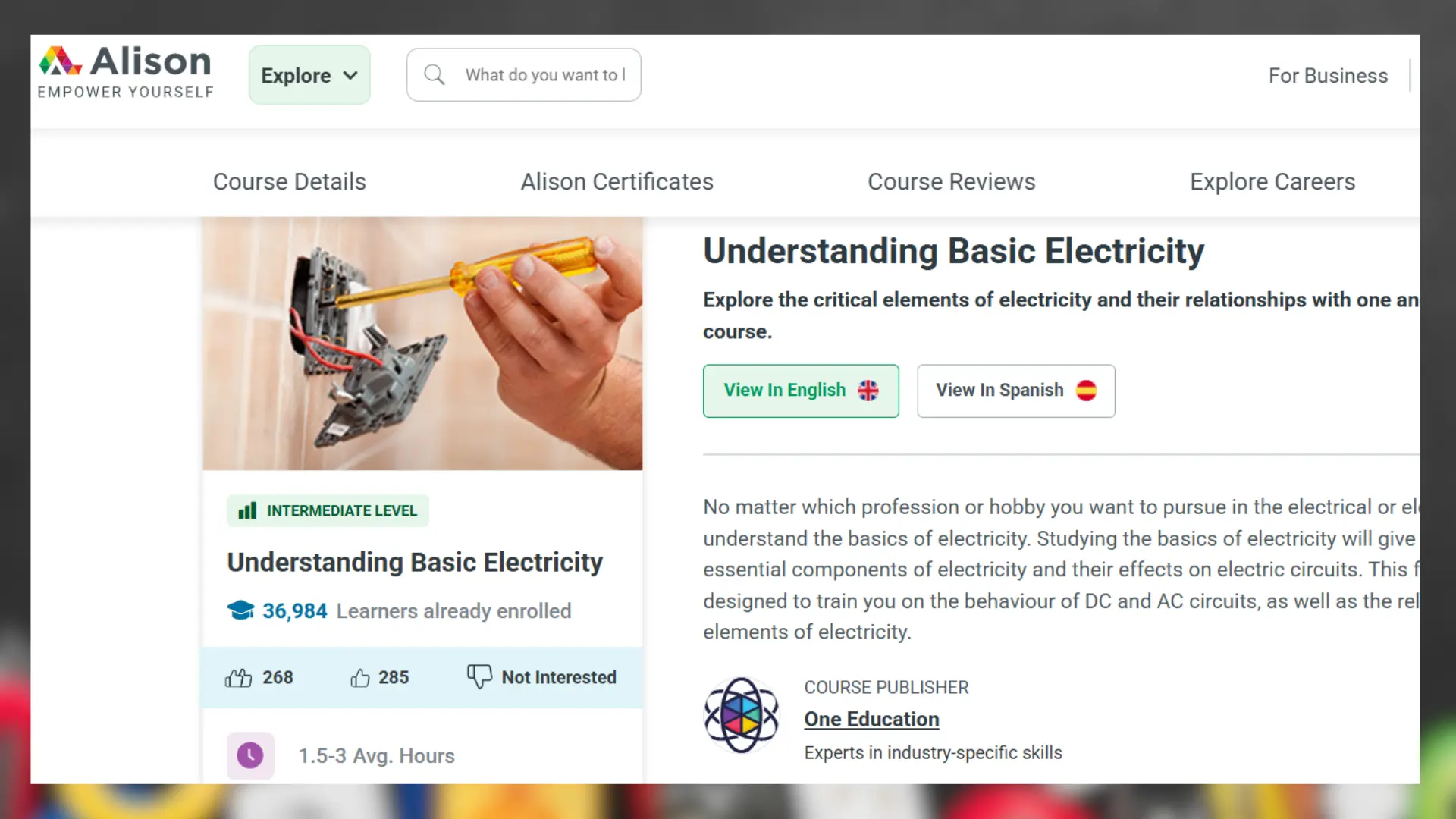 screenshot of the alison course page for "understanding basic electricity" showing a person working on electrical wiring