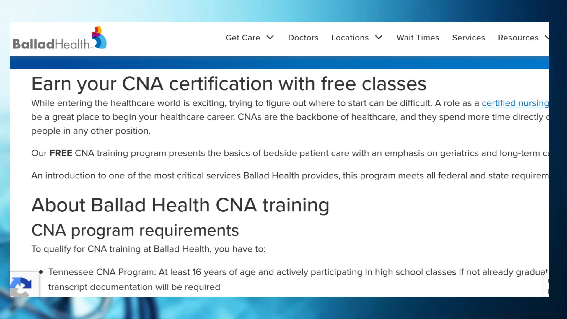 ballad health website detailing free cna certification classes and program requirements