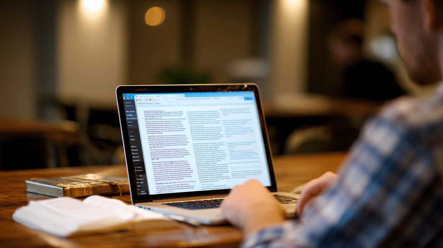 Student completing a free online theology course with certificate on a laptop