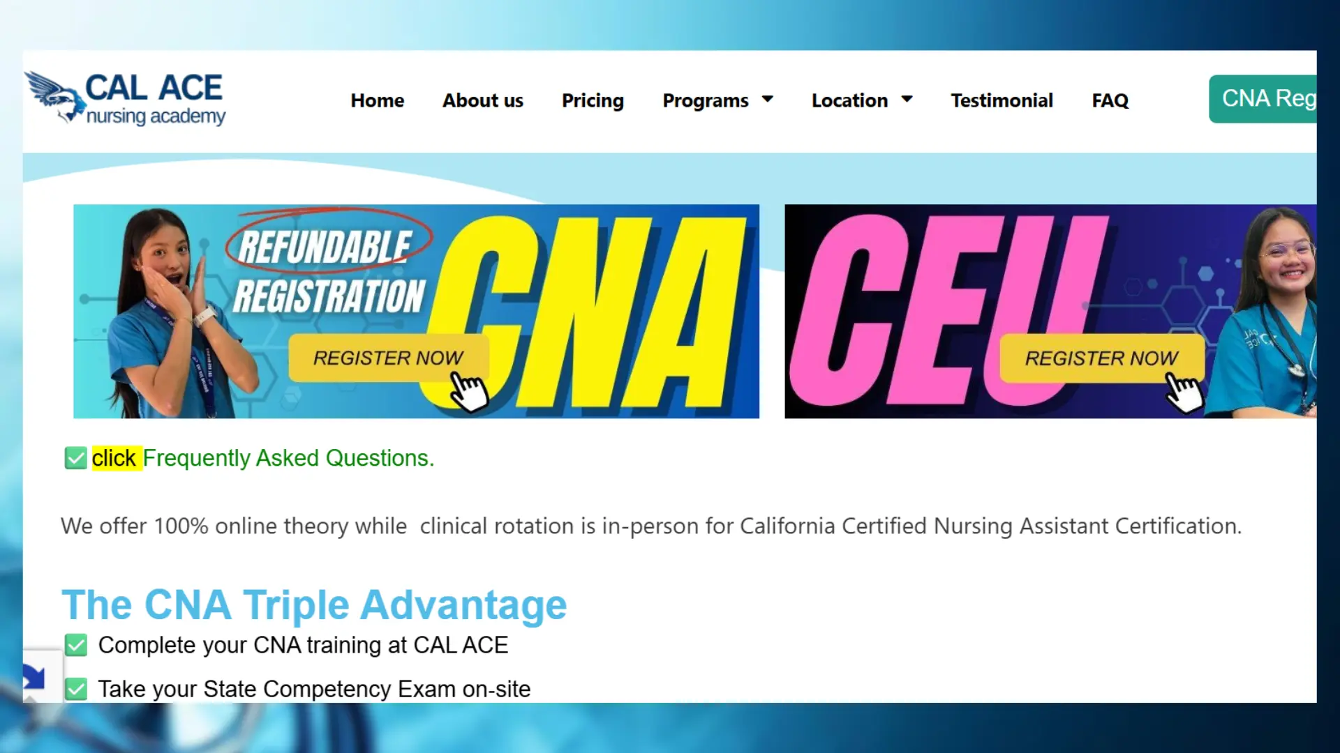 cal ace nursing academy website displays banners for "refundable cna registration" and "cna ceu" with "register now" buttons and images of young women