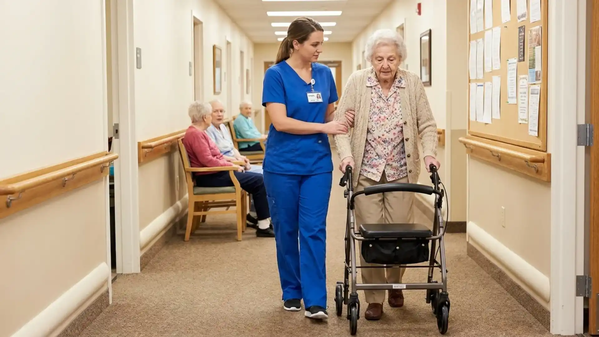  nursing assistant helping elderly patient walk with mobility aid