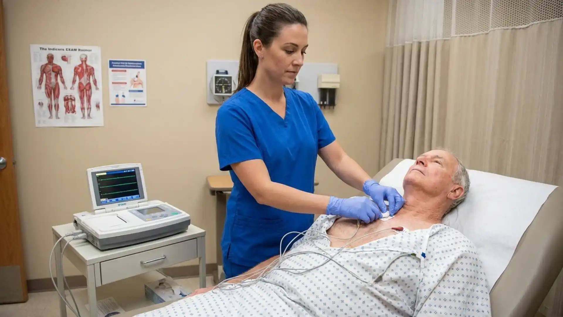 ekg technician attaching electrode leads to patient's chest for test