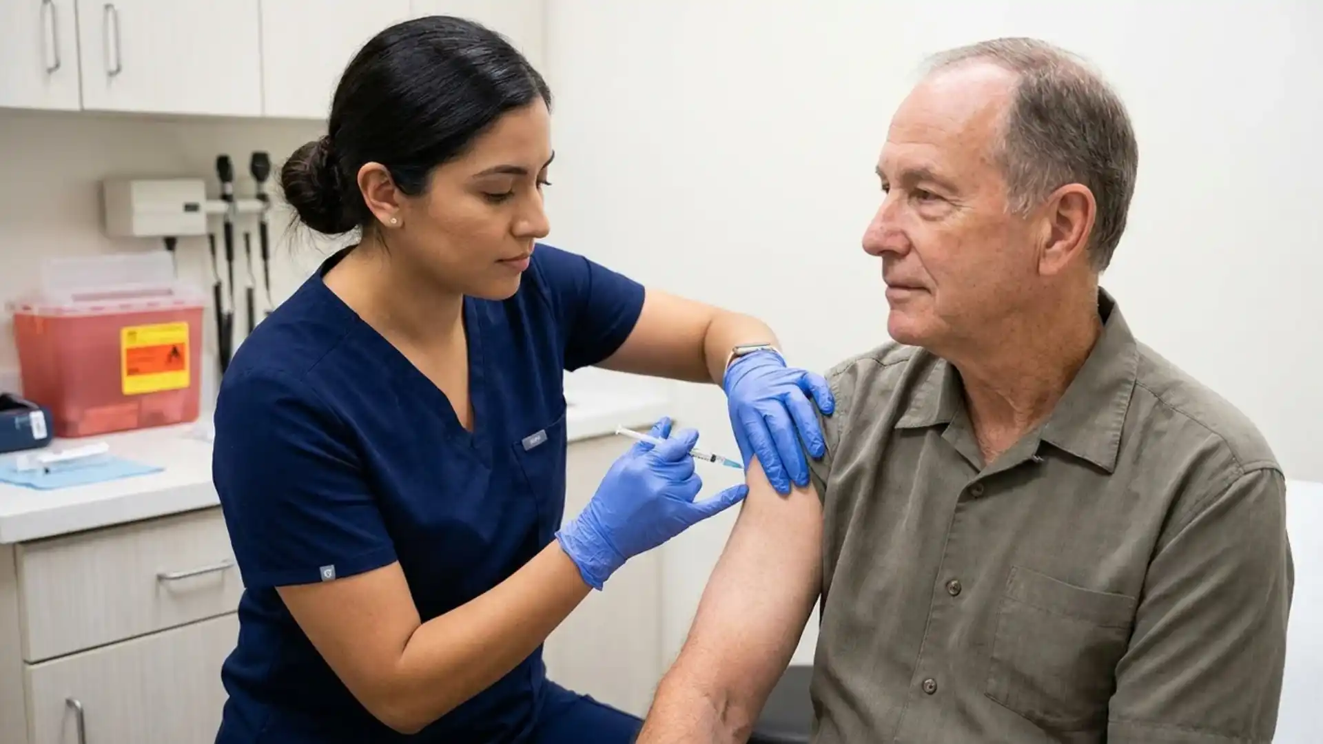clinical medical assistant giving patient an injection wearing gloves