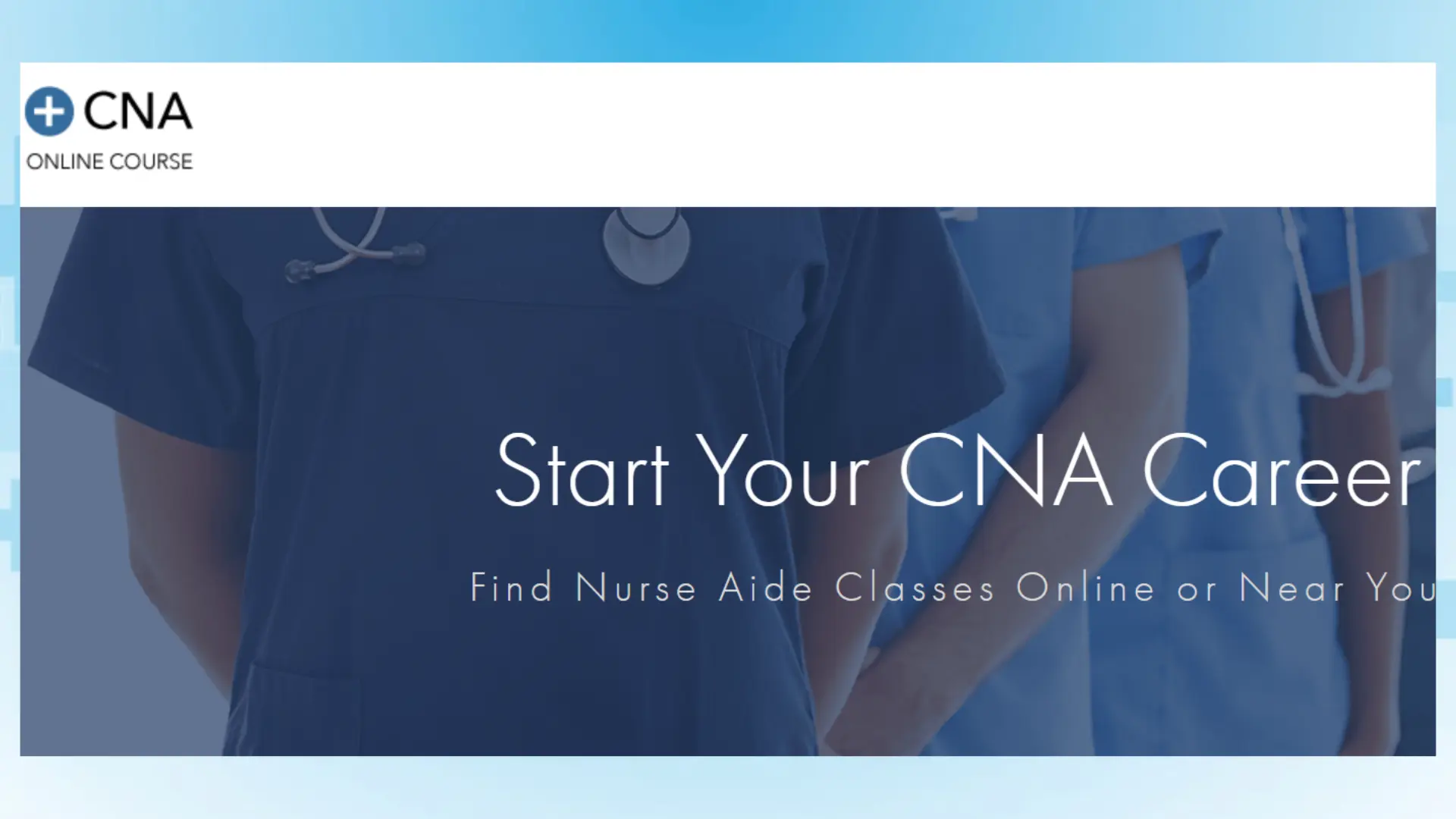 cna online course advertisement featuring individuals in scrubs and a stethoscope,