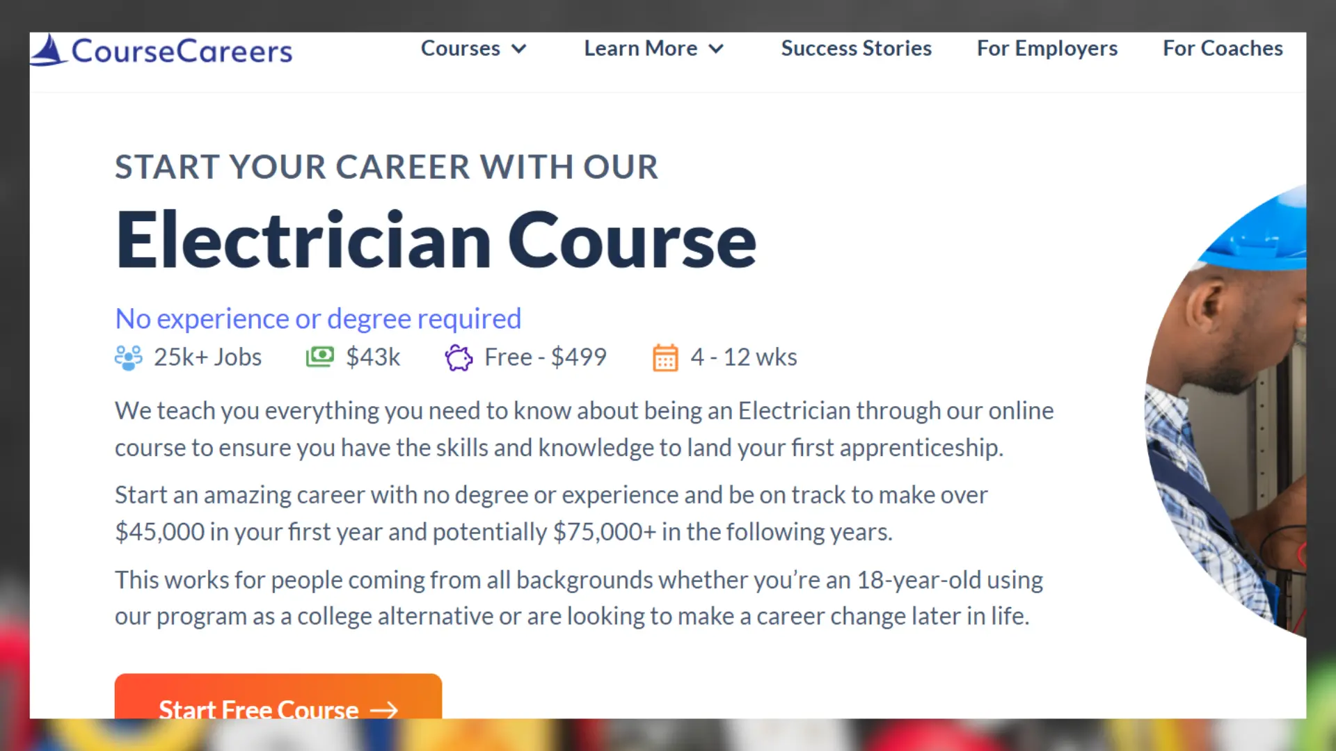 coursecareers website advertises an online electrician course with no experience required, promising career and salary prospects