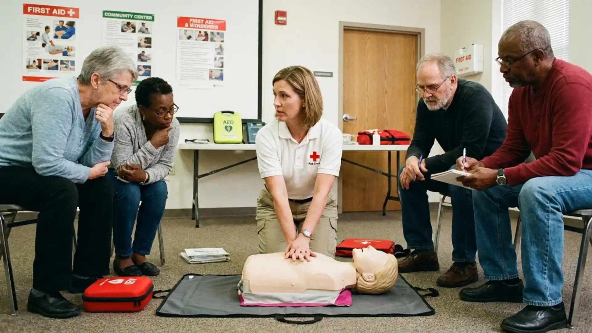 instructor demonstrating cpr technique on mannequin during training class