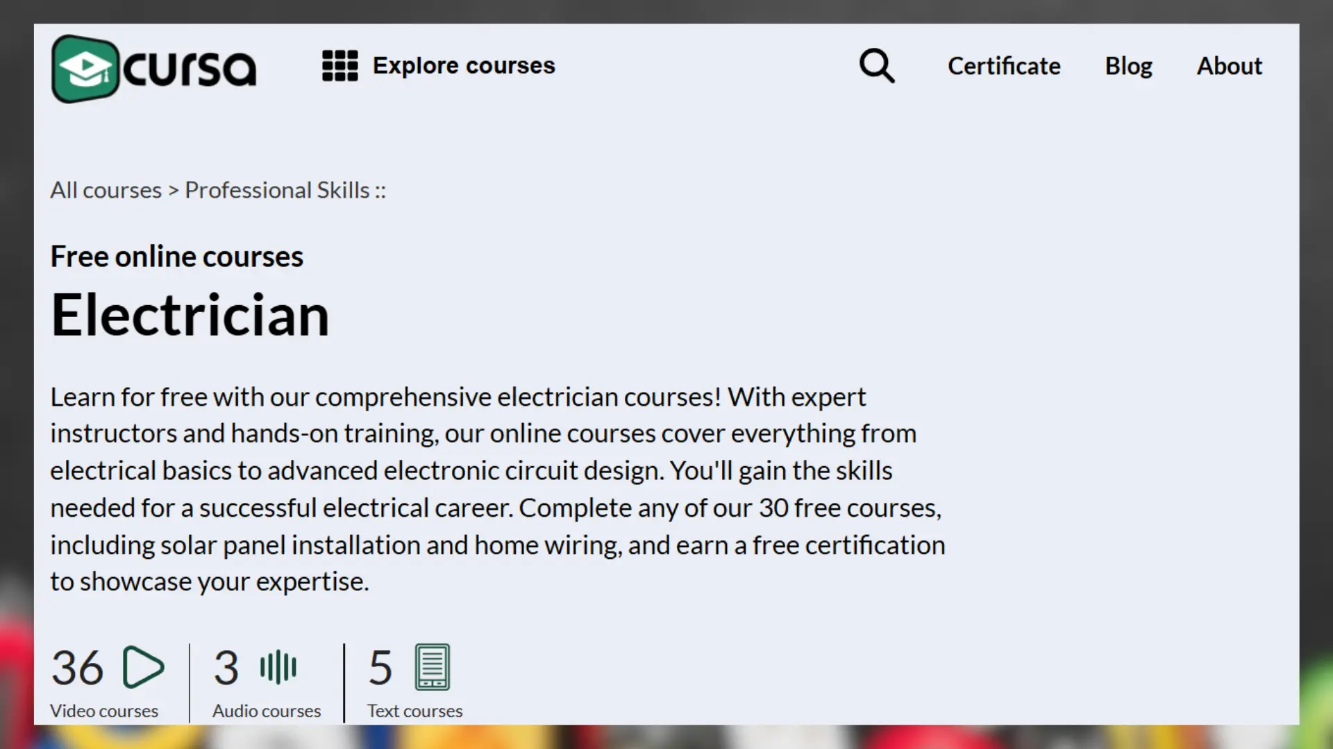 cursan website offering free online electrician courses with options for video, audio, and text formats