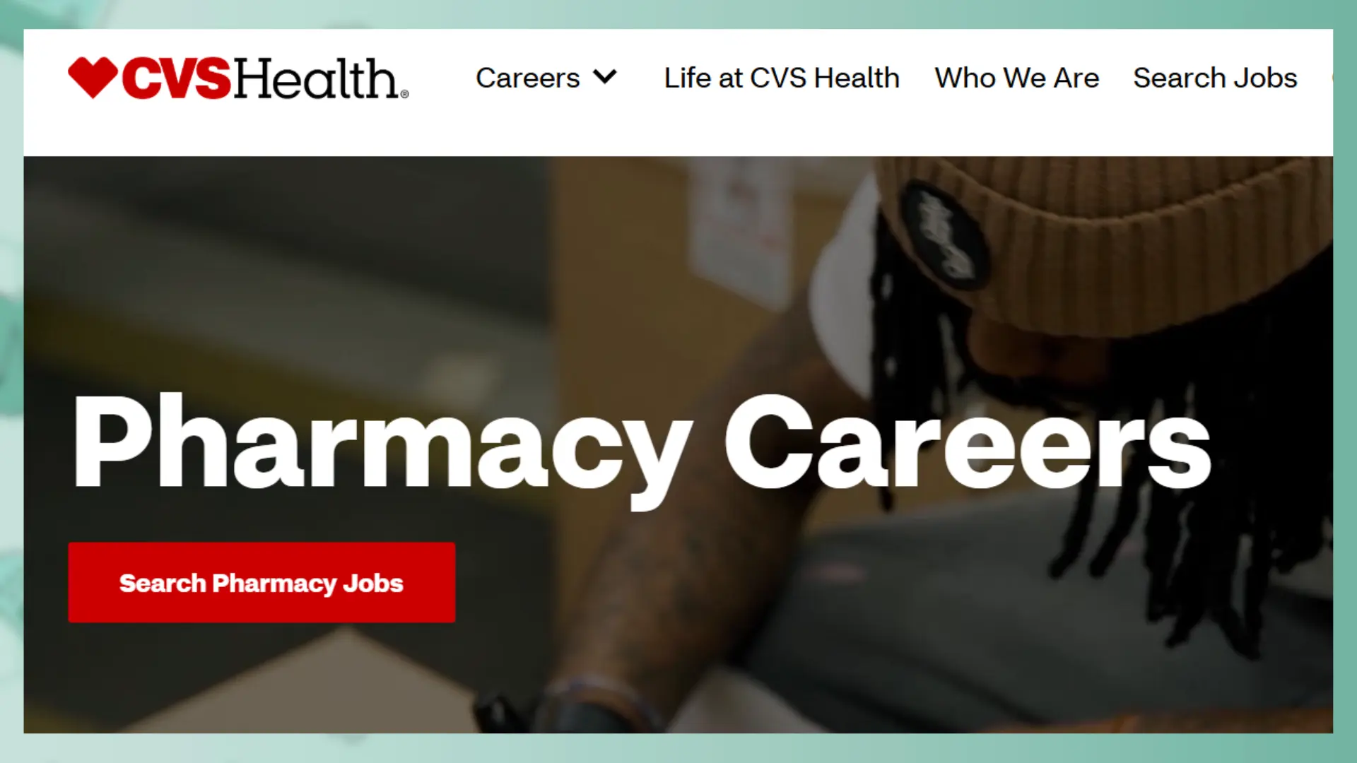 cvs health pharmacy careers page featuring a pharmacist and 'search pharmacy jobs' button