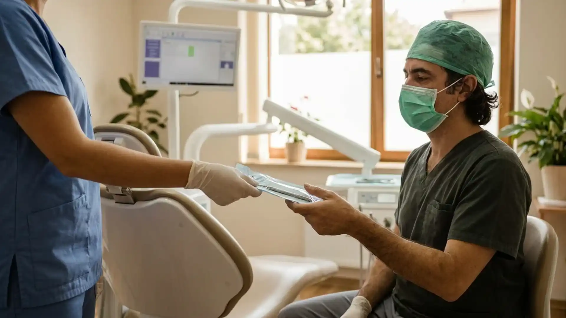 dental assistant handing instrument to dentist during patient procedure