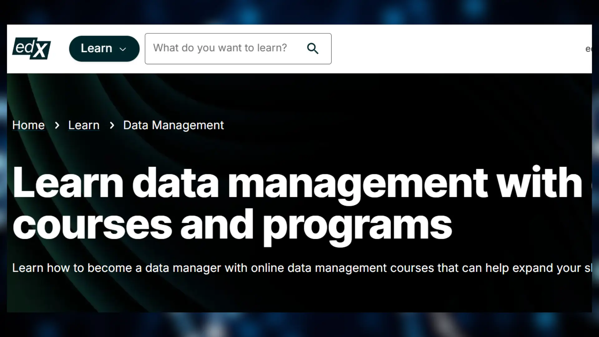 edx webpage section for learning data management with courses and programs
