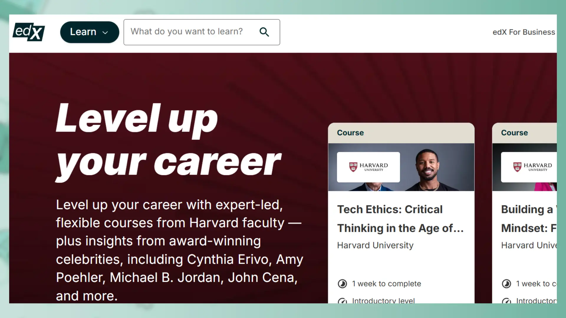 edx homepage featuring "level up your career" with harvard university course listings