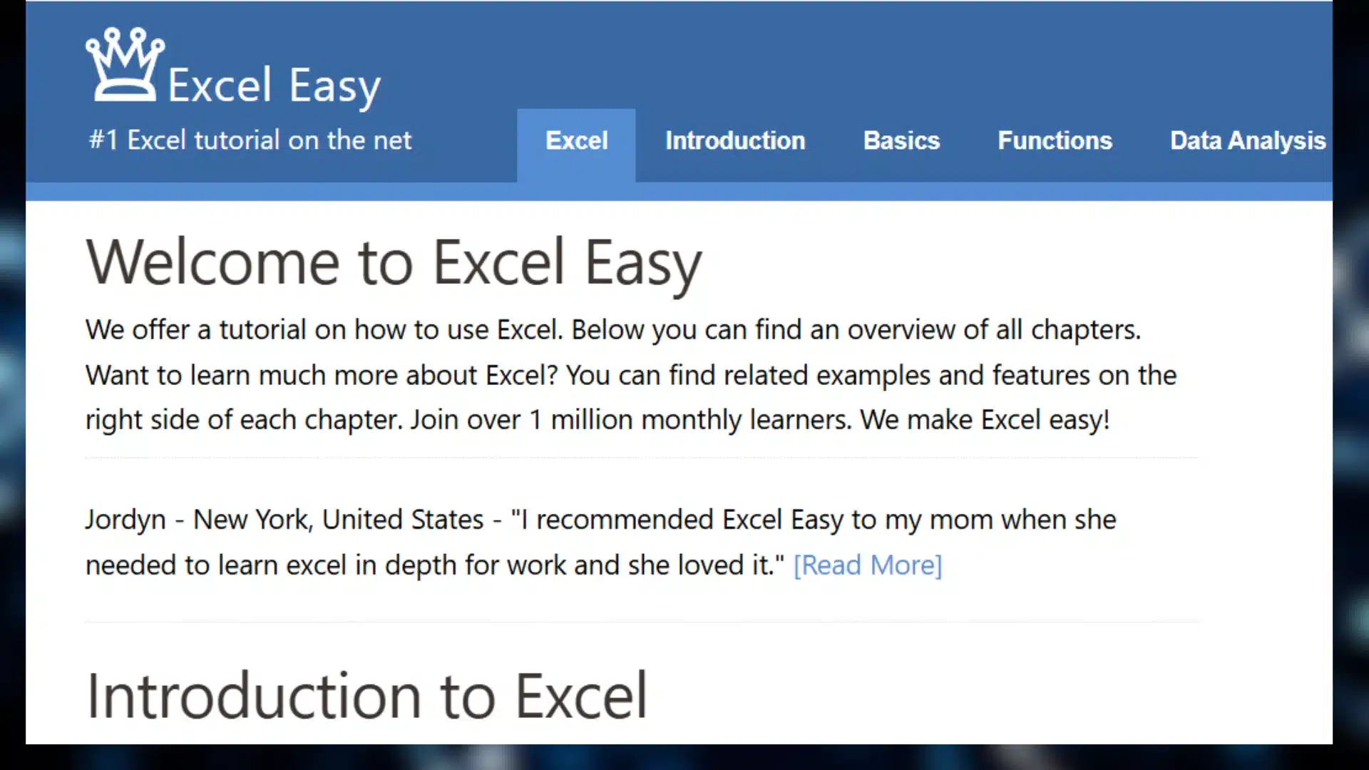 screenshot of the excel easy website homepage featuring a welcome message, testimonials, and navigation links for excel topics