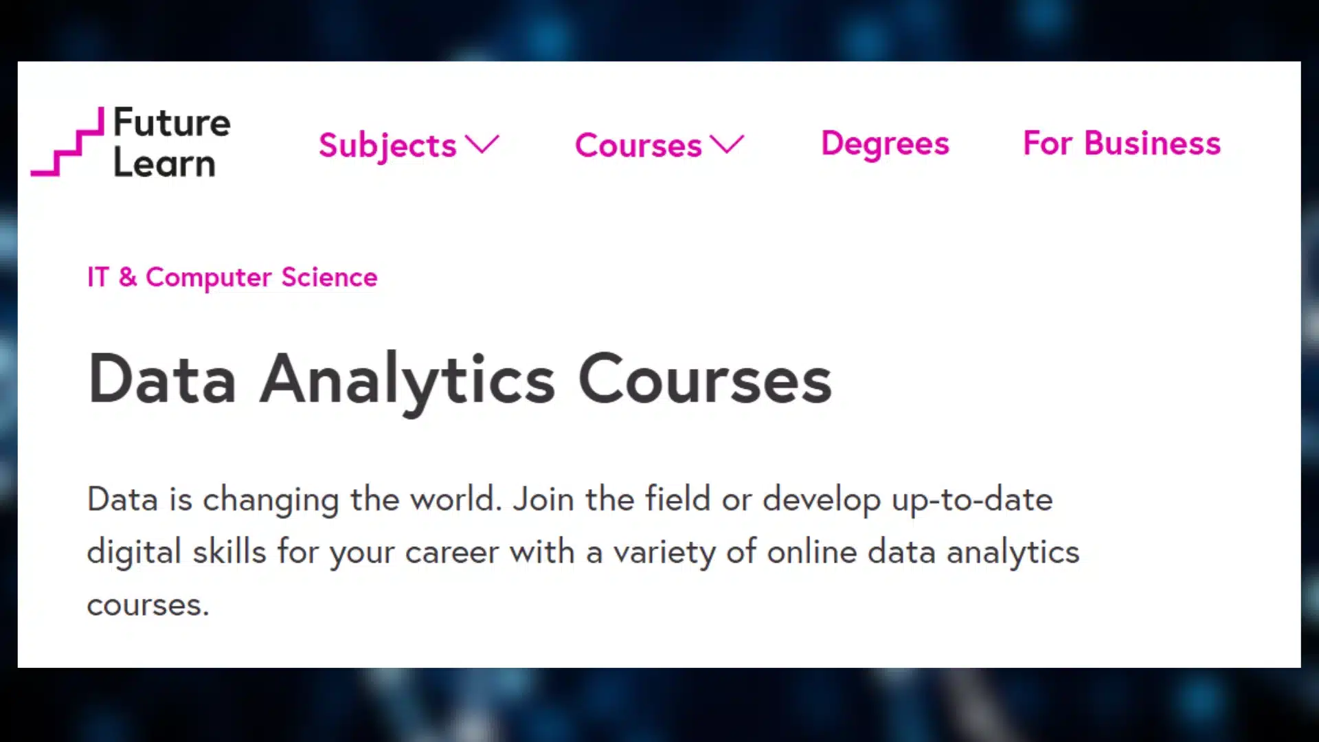 futurelearn website page displaying "data analytics courses" under it & computer science with navigationlinks.