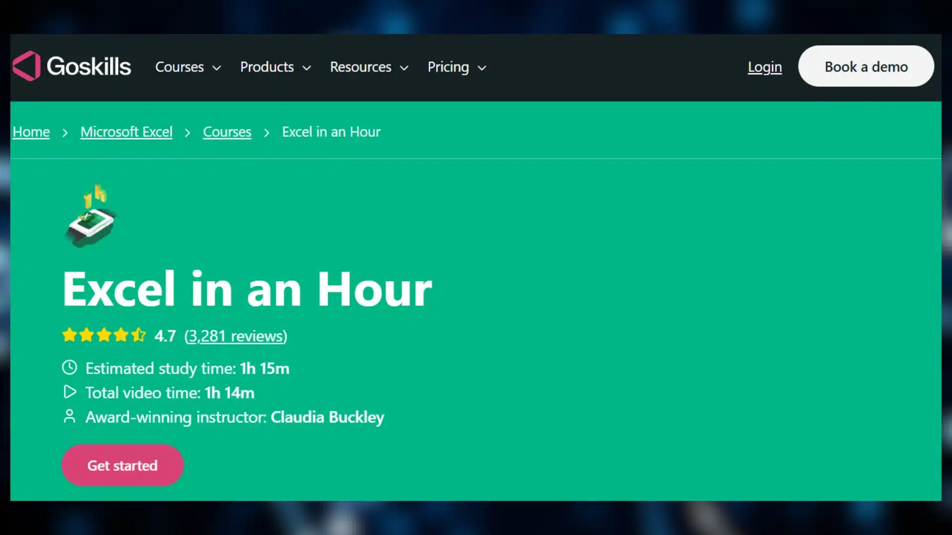 goskills excel in an hour course page showing 4.7 rating and instructor claudia buckley"