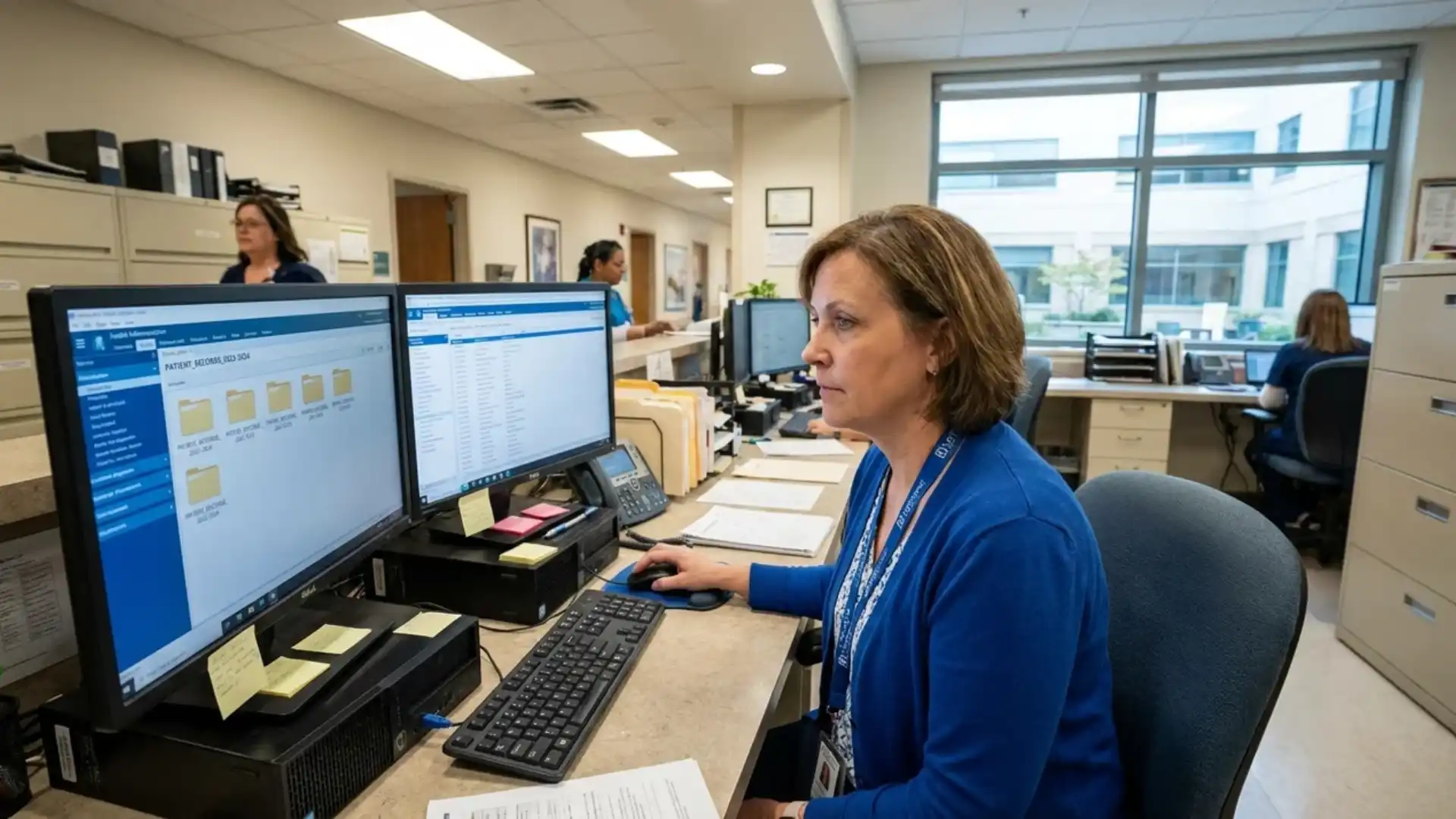 administrator organizing digital patient health records on computer