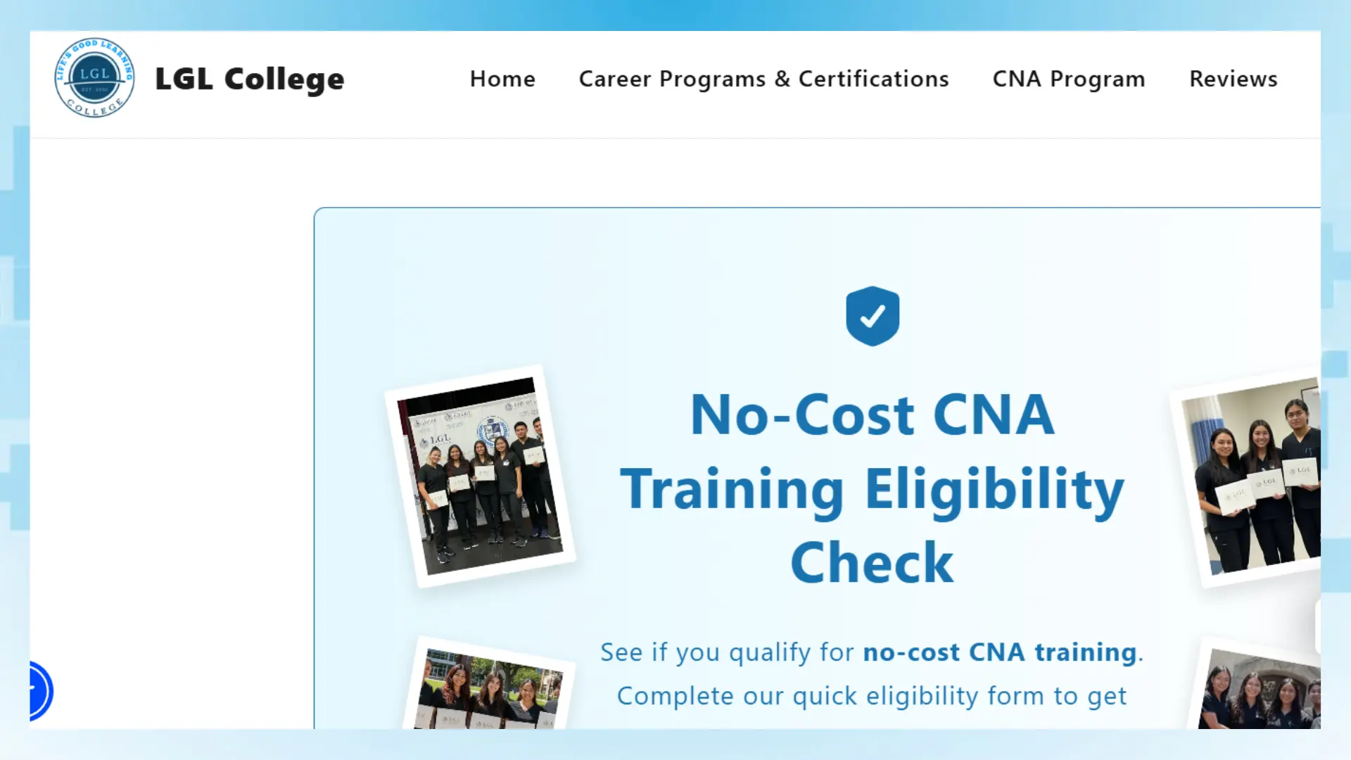 website screenshot for lgl college featuring "no-cost cna training eligibility check" with images of students holding certificates
