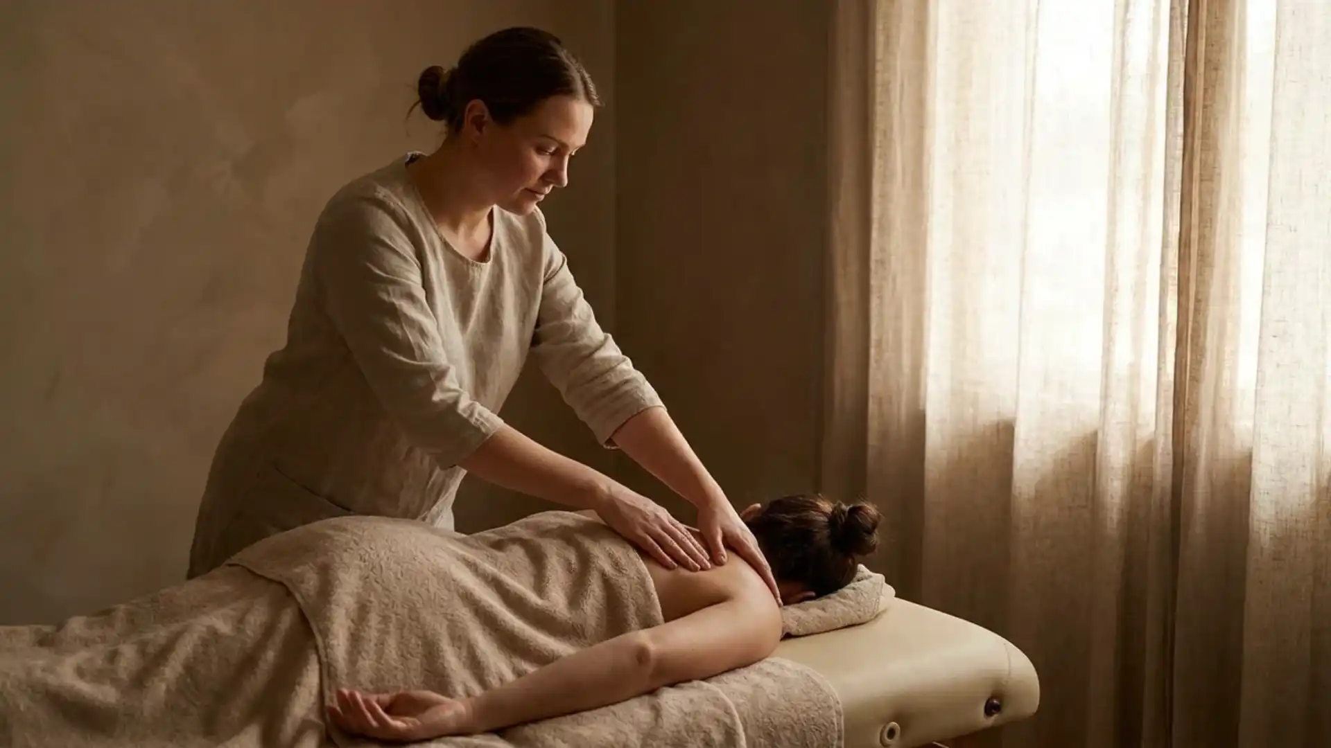 massage therapist performing back massage on client at spa table