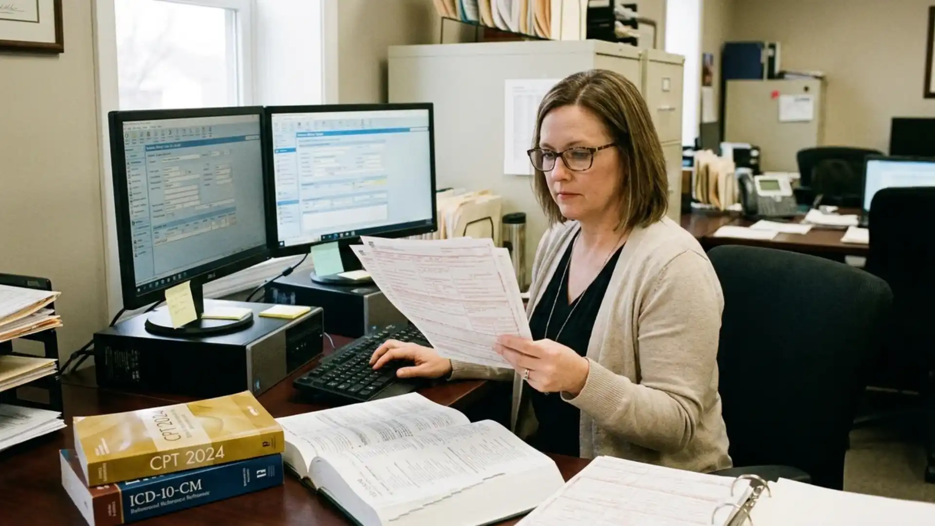 medical billing specialist reviewing insurance claims and coding on computer