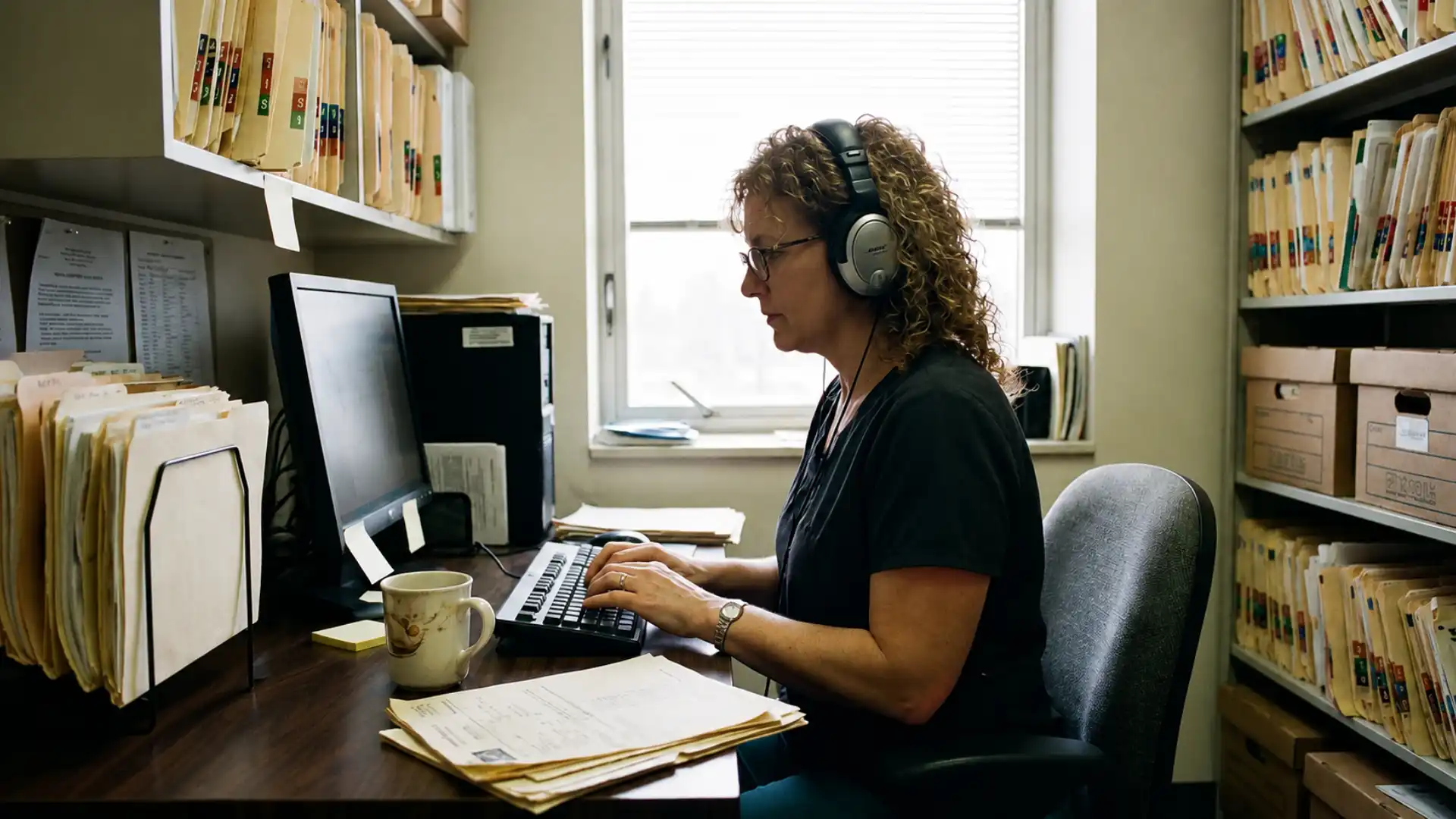 medical transcriptionist typing notes while listening through headphones