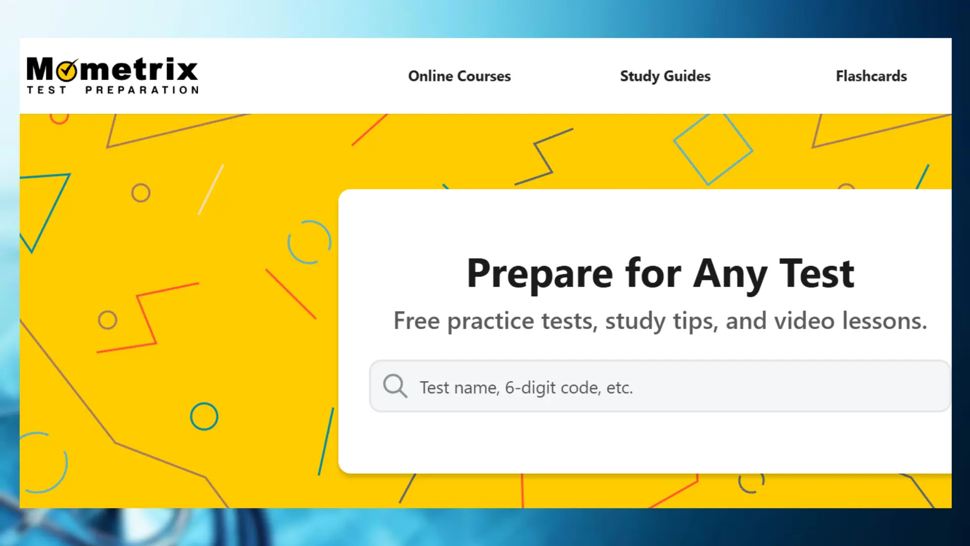 mometrix website homepage with the slogan "prepare for any test" and a search bar for test names