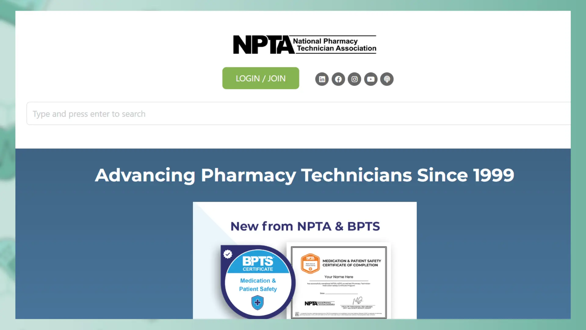 npta homepage: "advancing pharmacy technicians since 1999" with bpts certificate badge