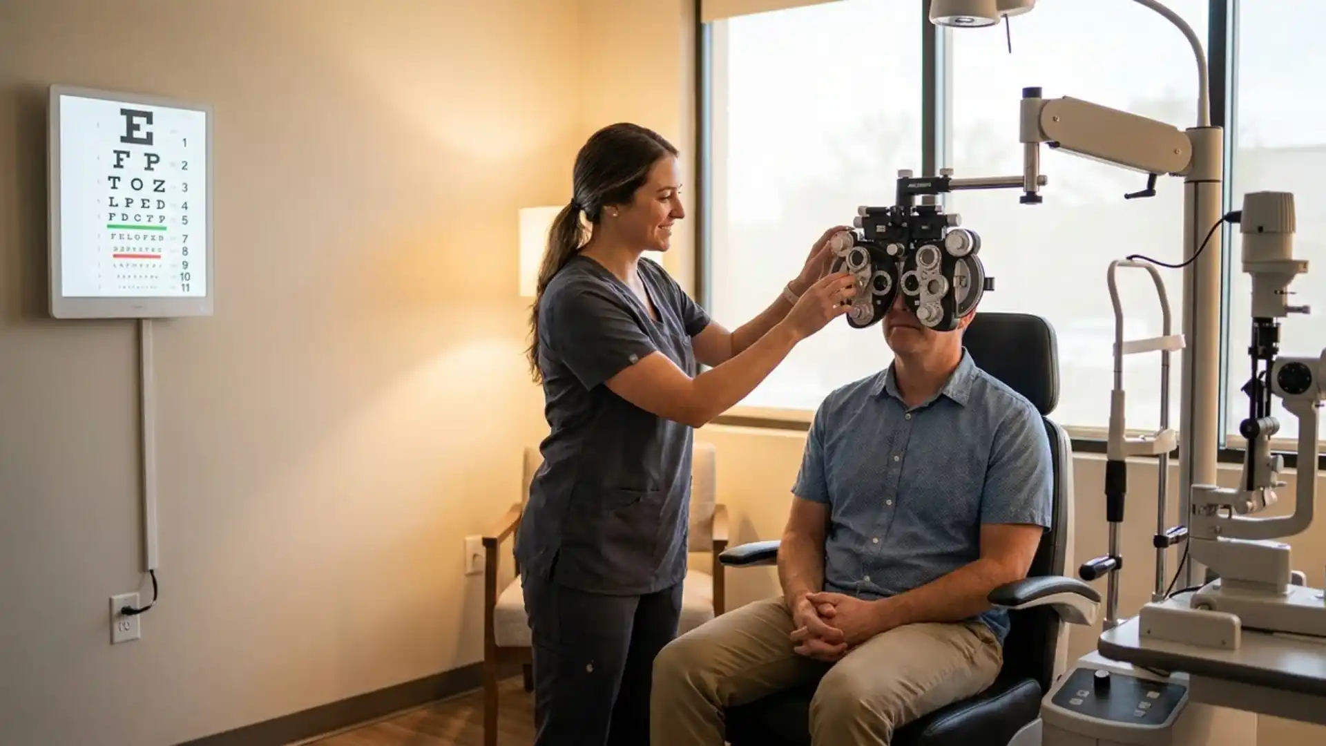 optometric assistant helping patient with eye exam using equipment