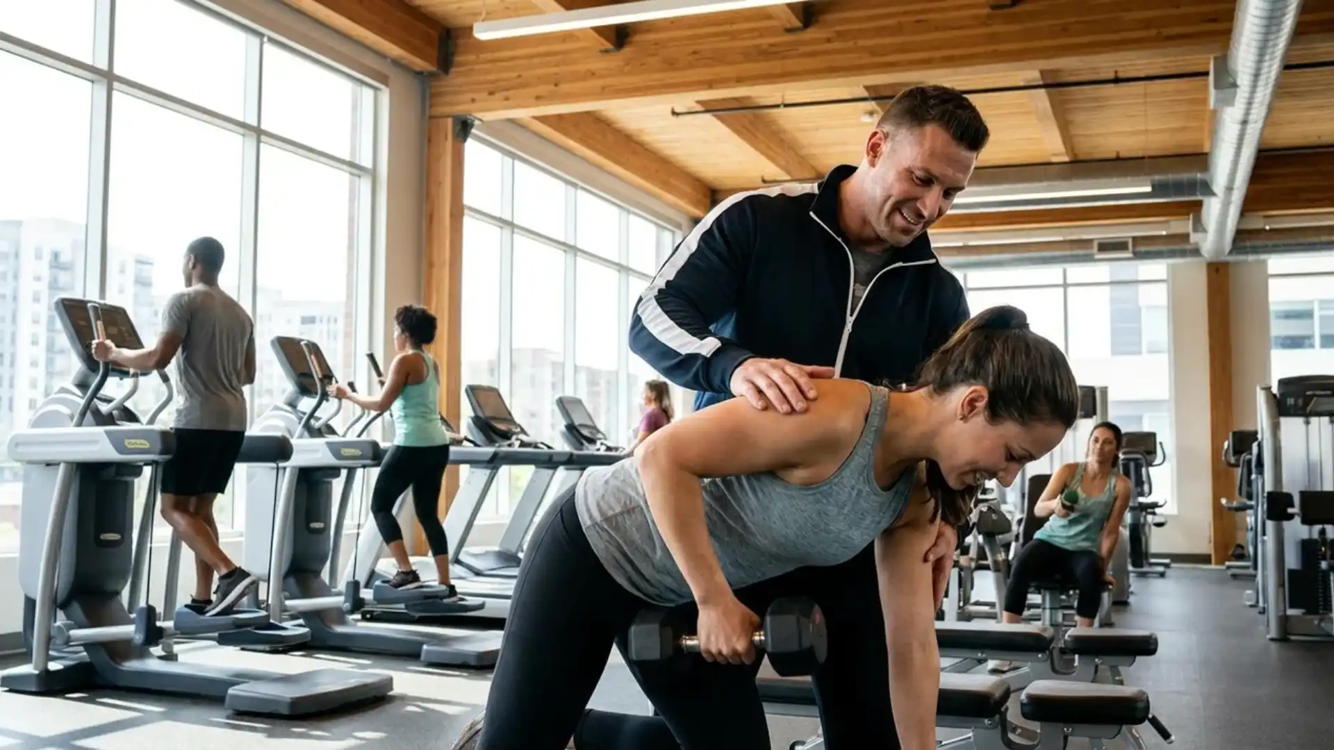 personal trainer guiding client through dumbbell exercise in gym