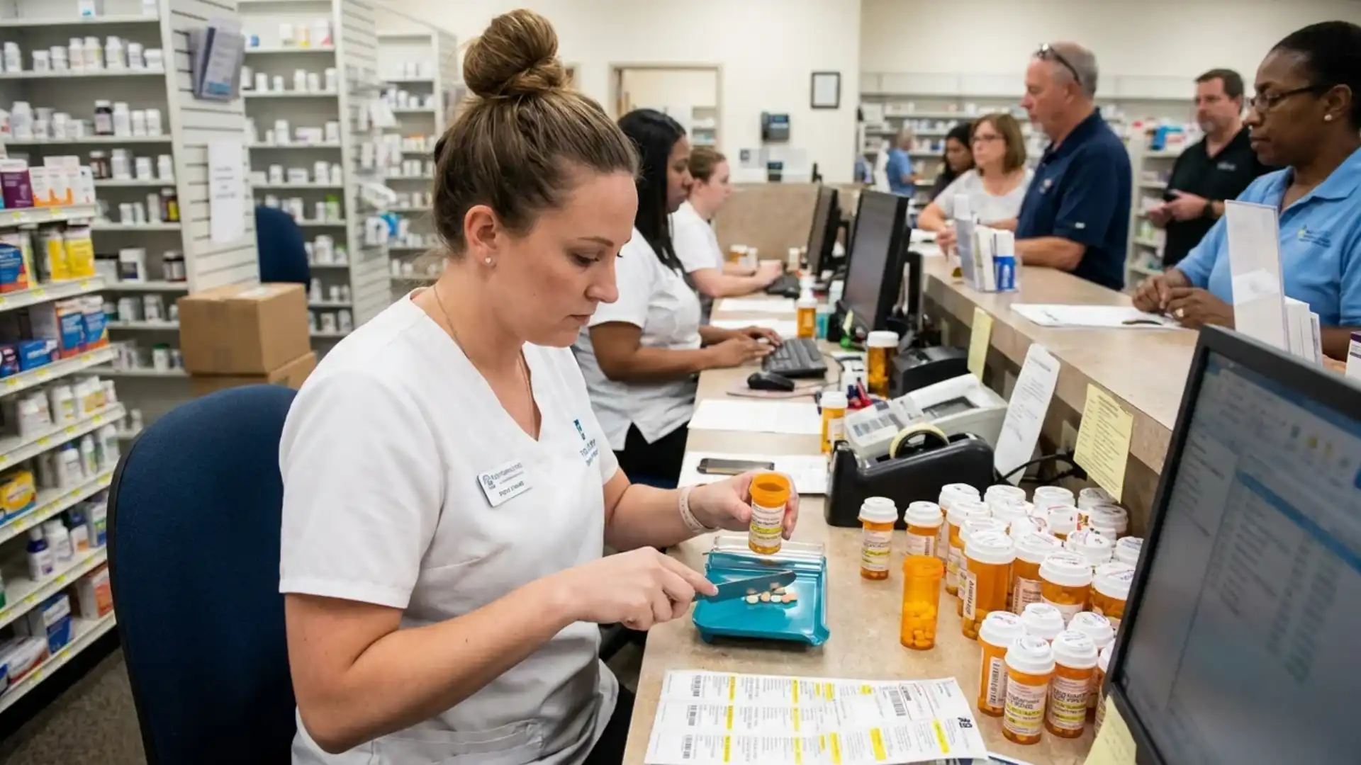 pharmacy technician counting pills and preparing prescription at counter