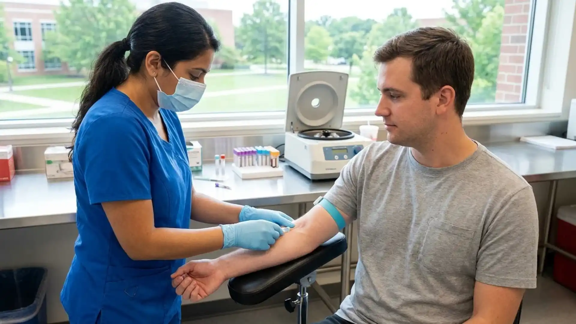  phlebotomist drawing blood from a patient's arm in a clinical lab setting
