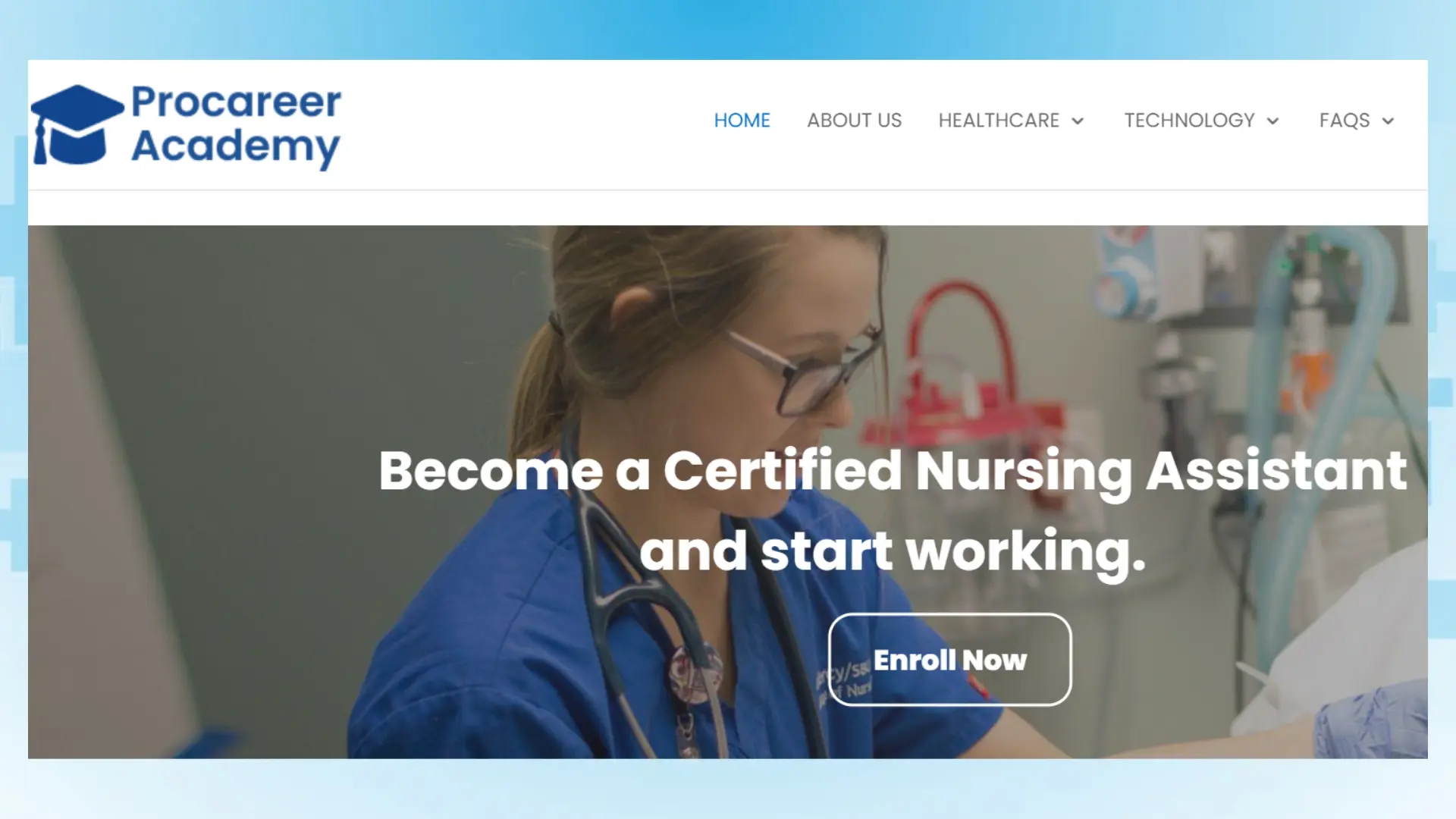 Website banner for Procareer Academy shows a nurse in blue scrubs with a stethoscope